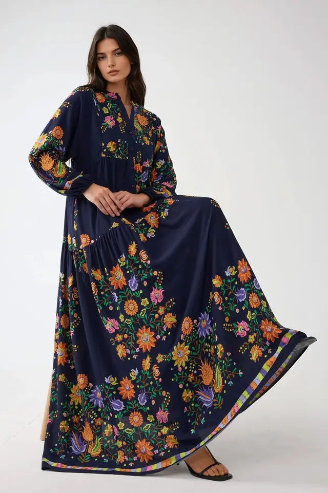 Printed V-Neck Maxi Dress with Button Detail