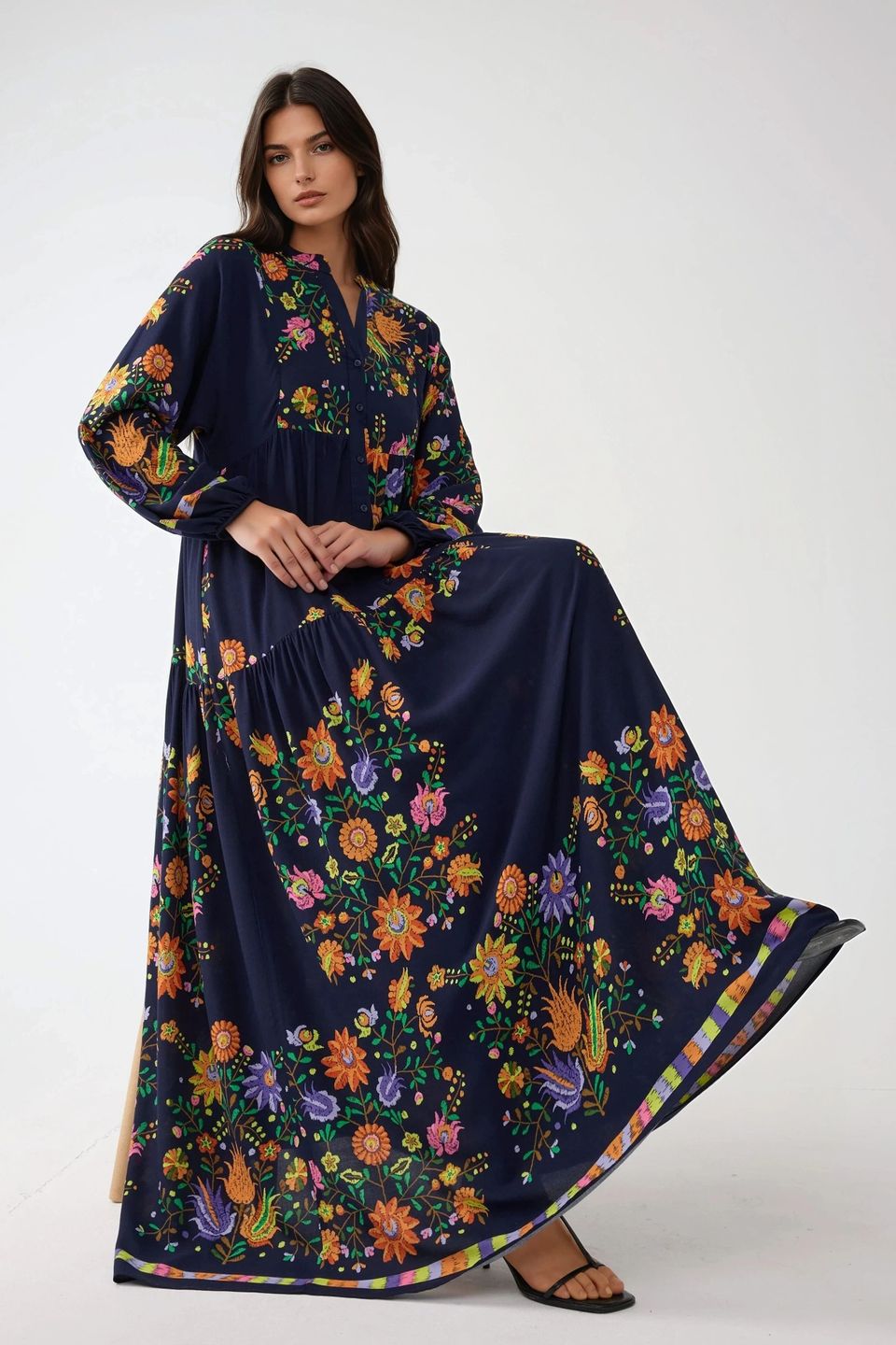 Printed V-Neck Maxi Dress with Button Detail