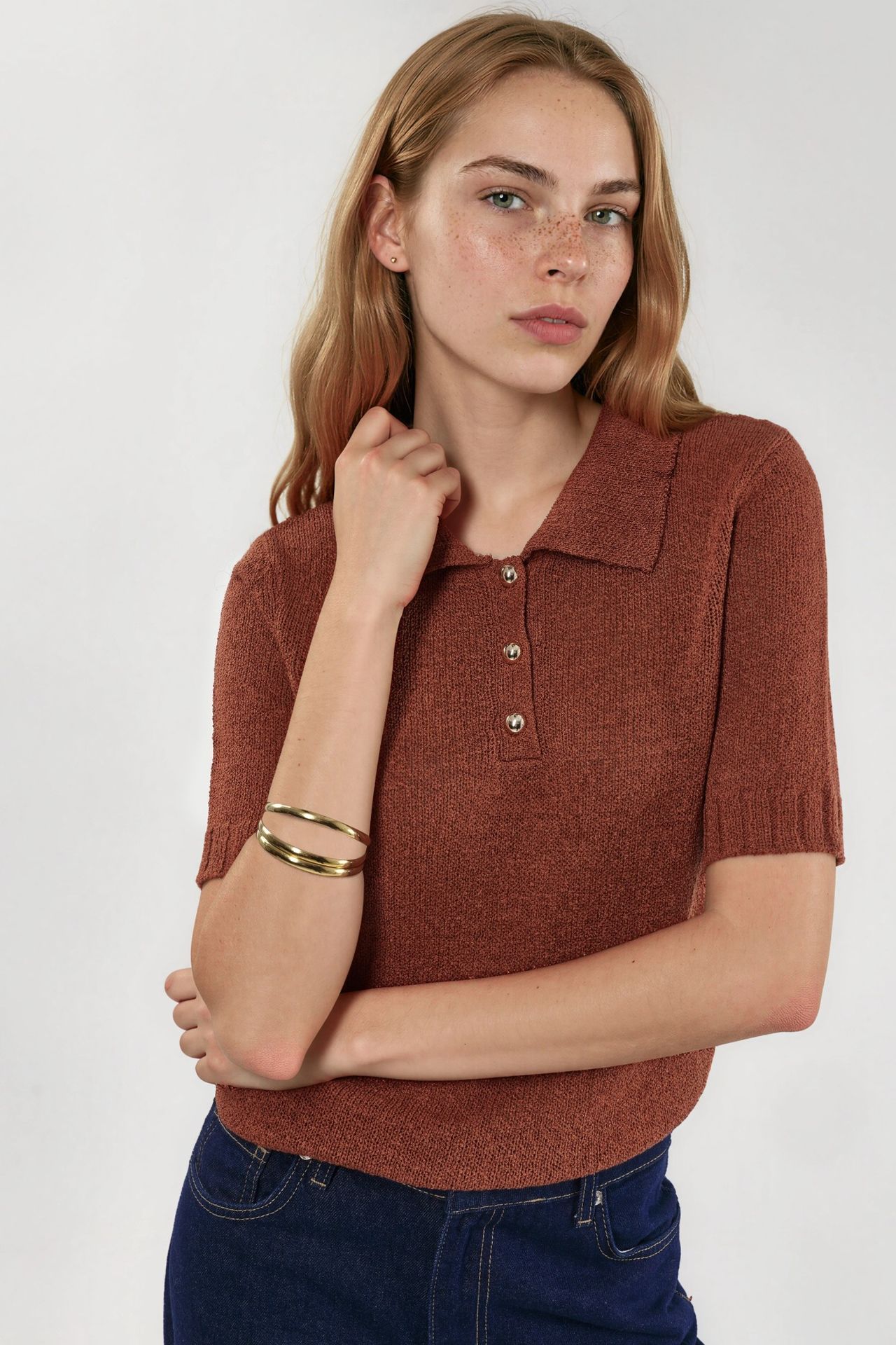 Textured Knit Polo Collar Top 1