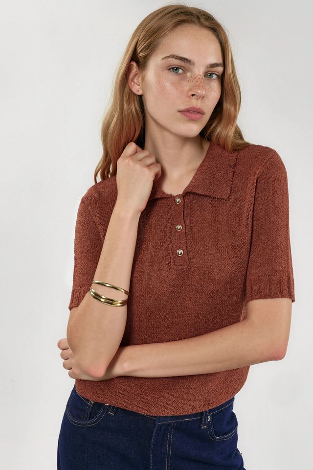 Textured Knit Polo Collar Top