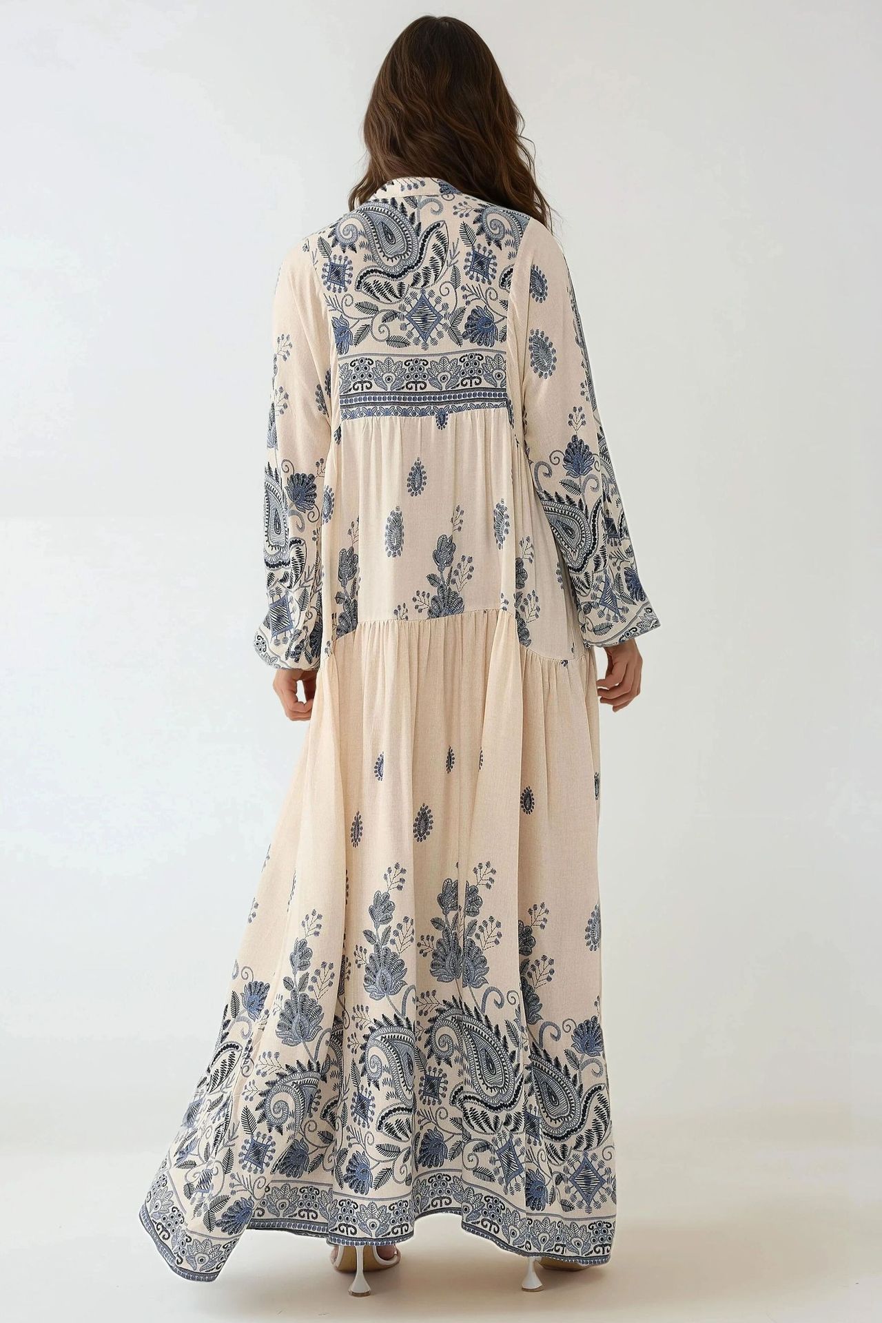 Printed V-neck Maxi Dress with Button Detail
