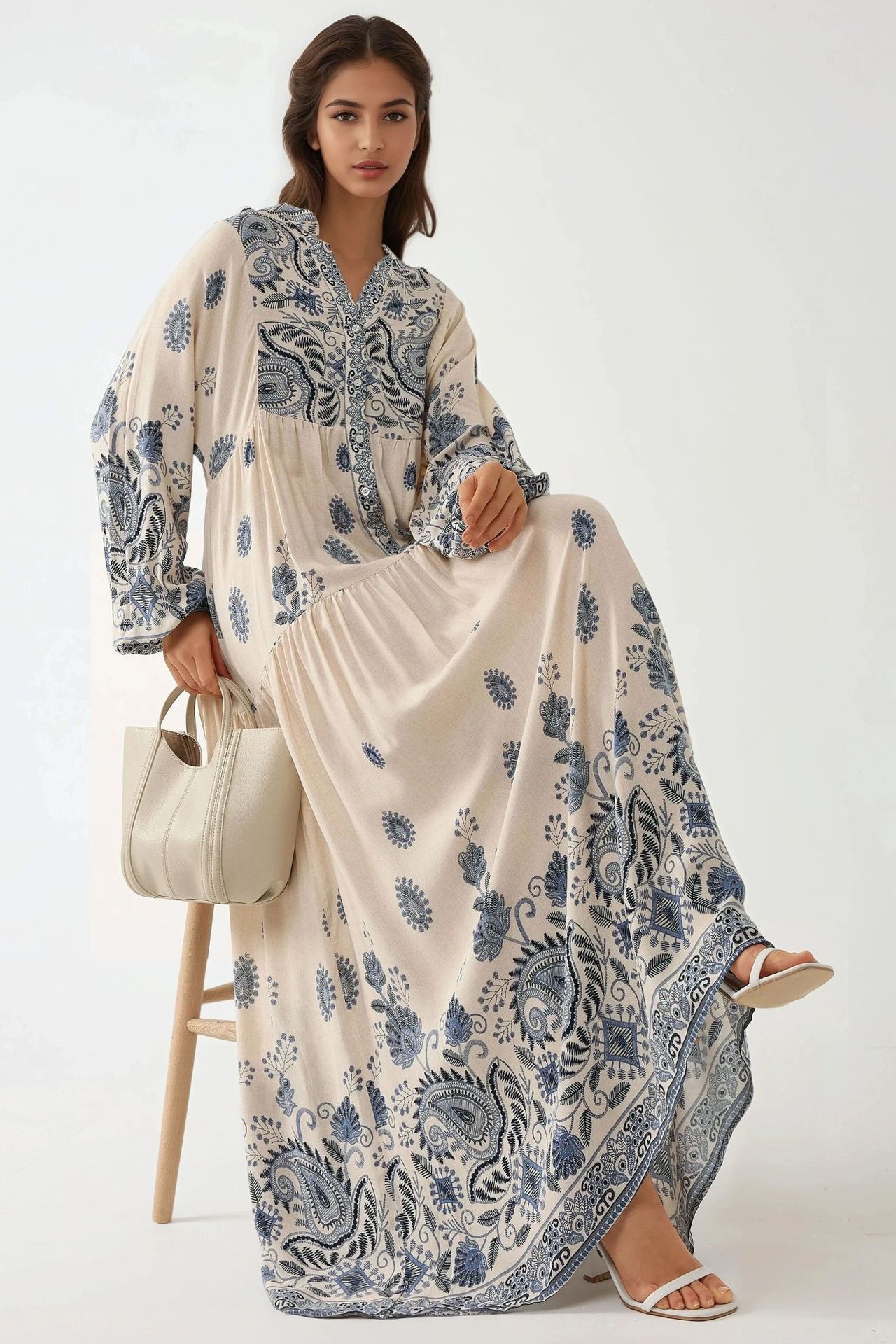 Printed V-neck Maxi Dress with Button Detail