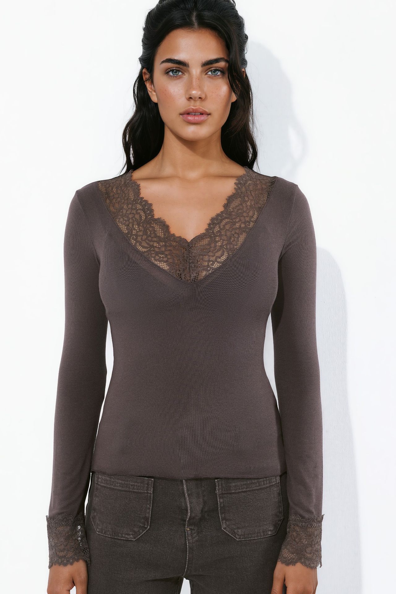 V-Neck Stretch Knit Top with Lace Detail 5