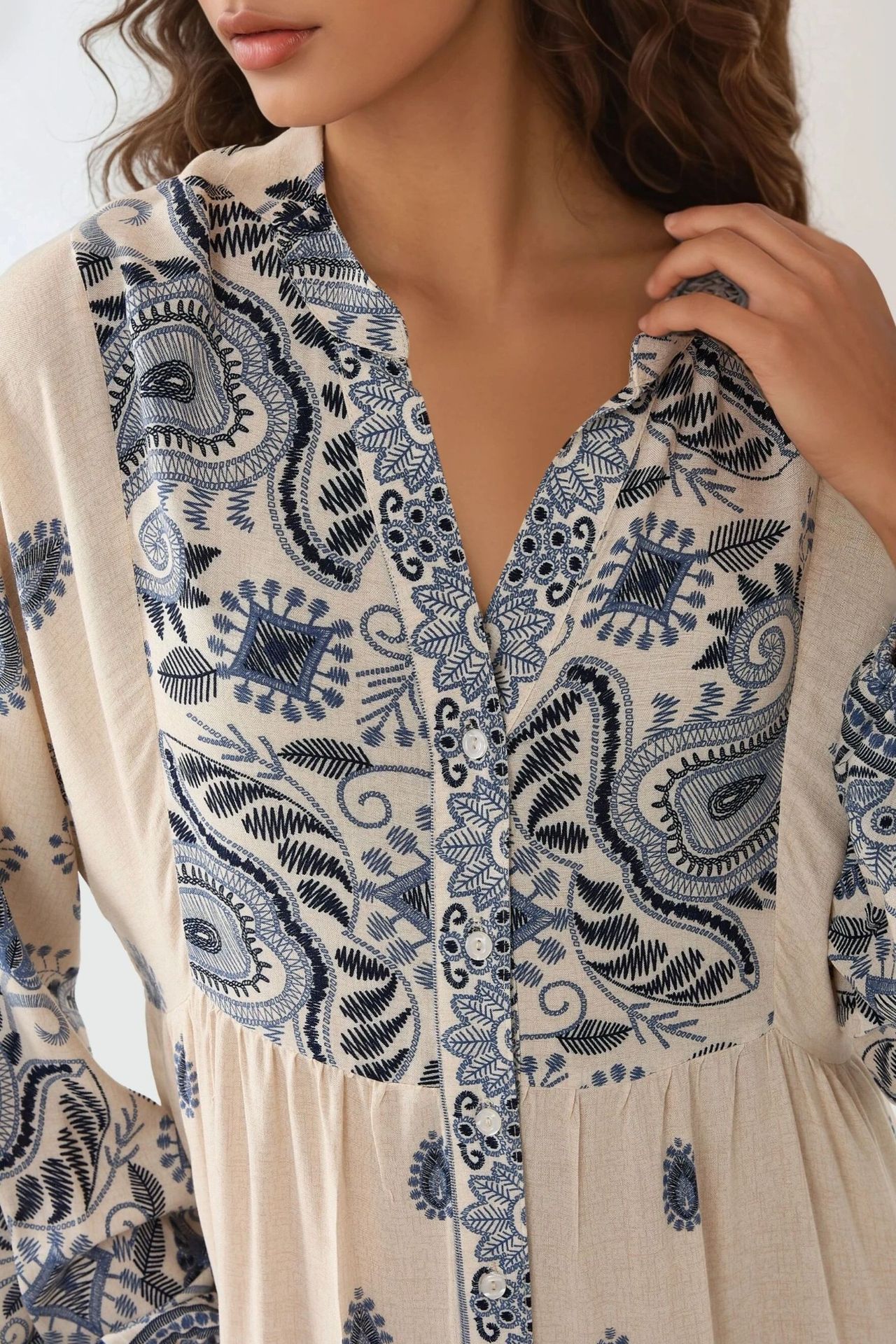 Printed V-neck Maxi Dress with Button Detail
