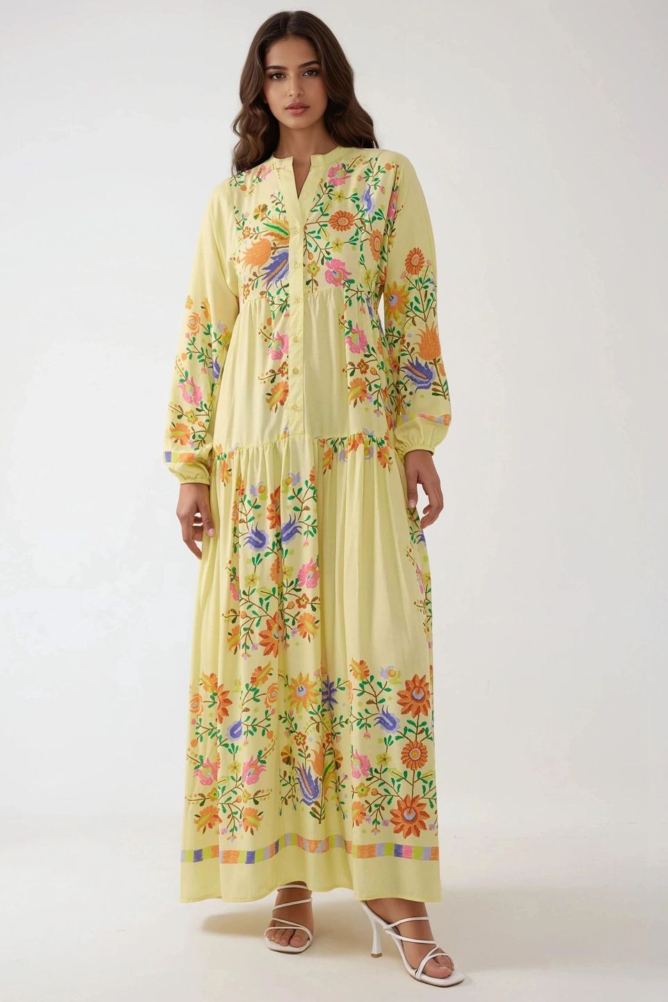 Printed V-Neck Maxi Dress with Button Detail