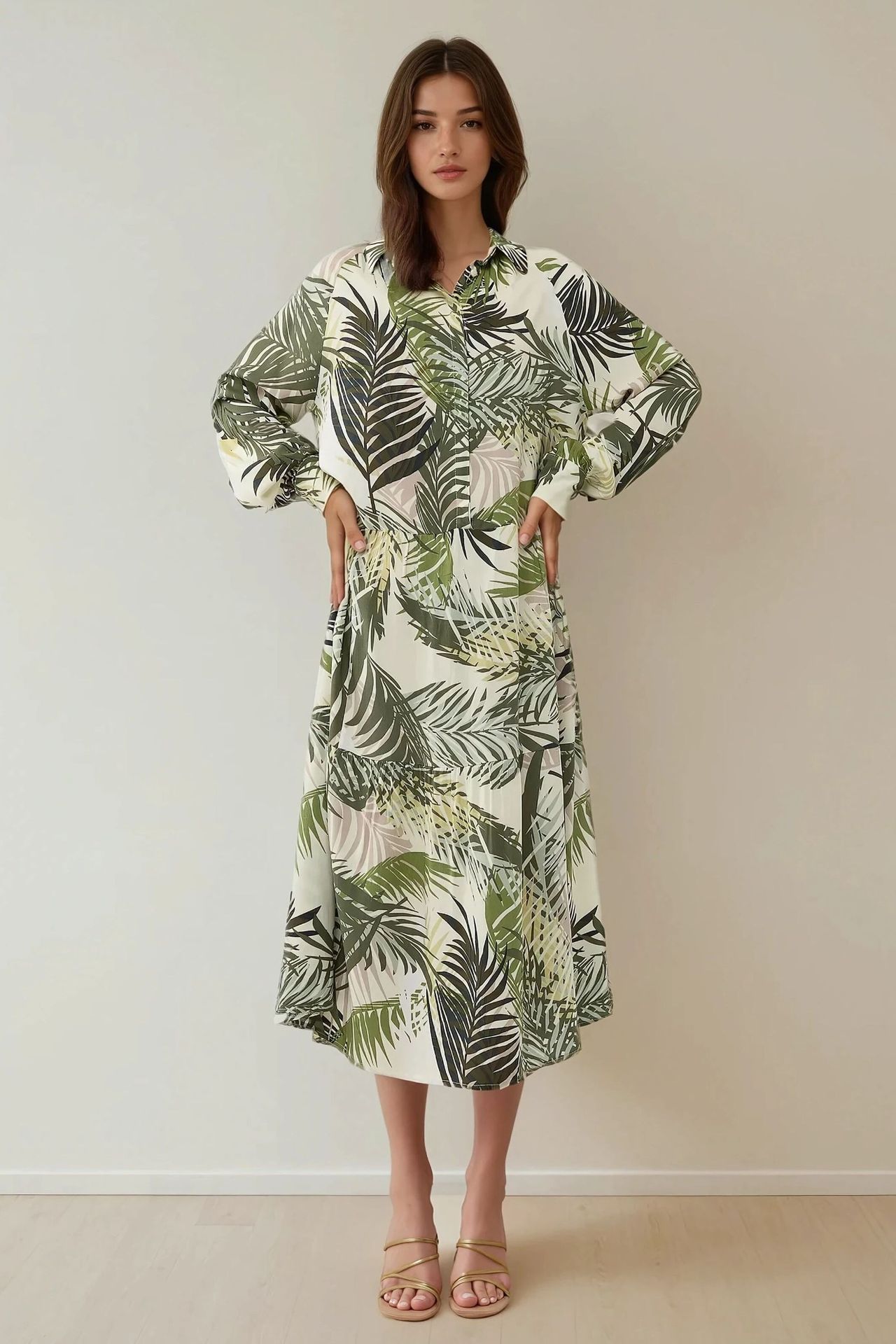 Shirt Collar Flower Pattern Maxi Dress