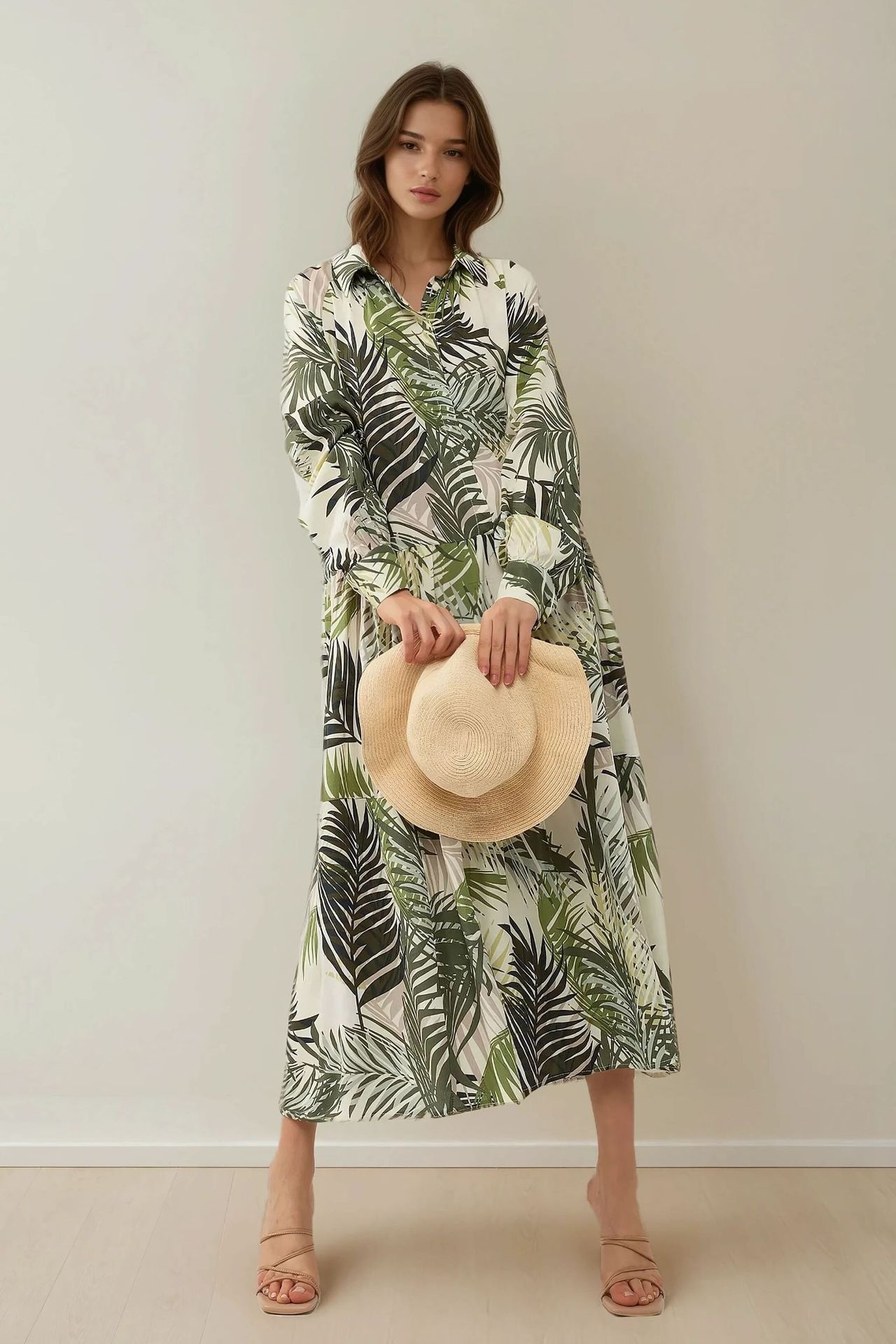 Shirt Collar Flower Pattern Maxi Dress