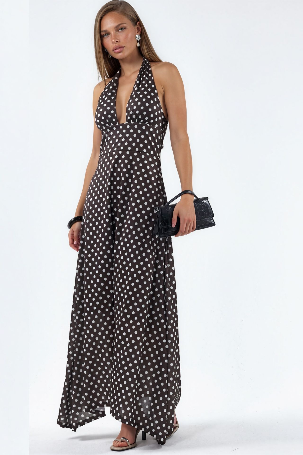 Polka Dot Midi Dress with Halter Collar