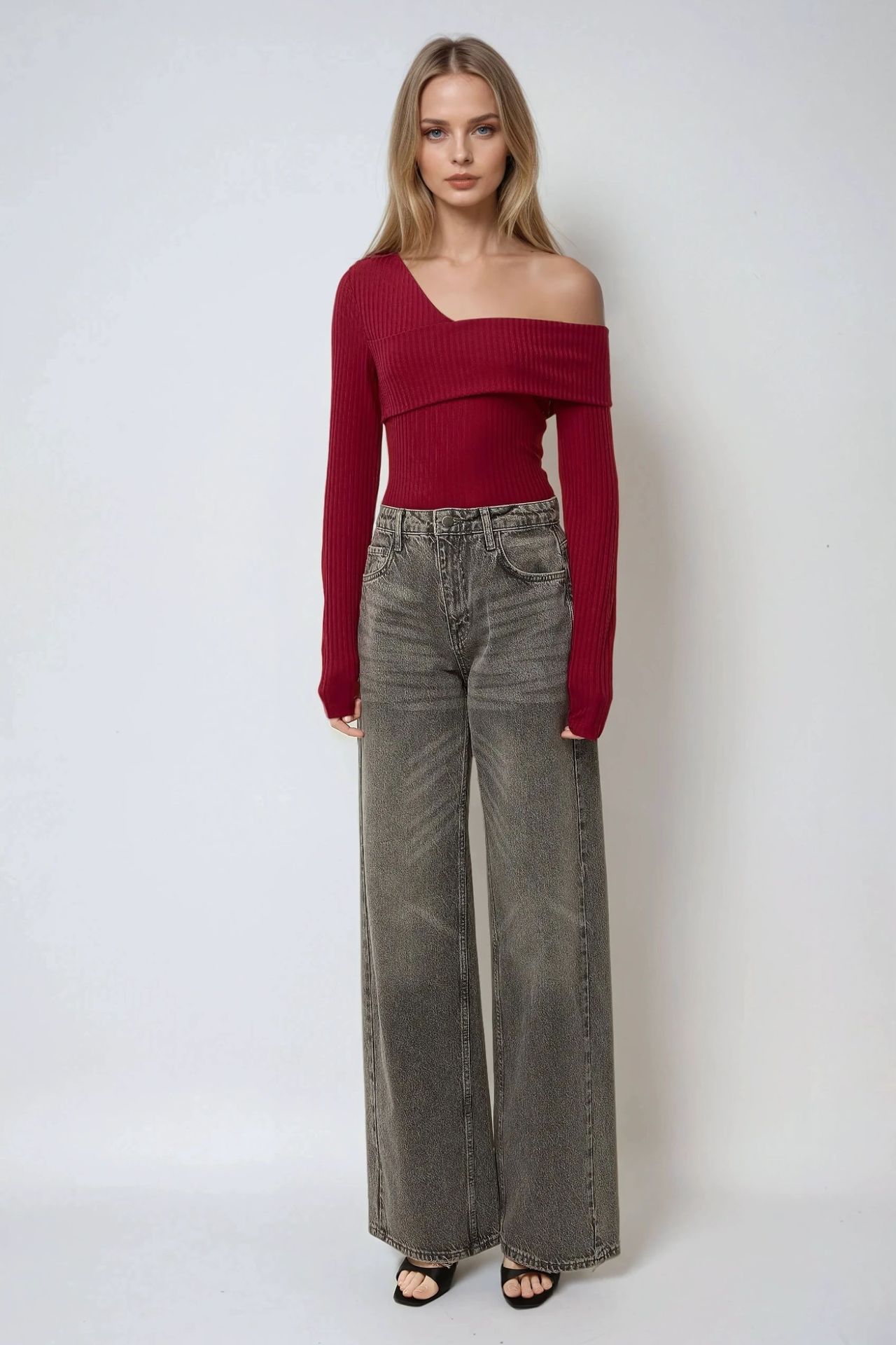 Asymmetrical Neck Textured Knit Top