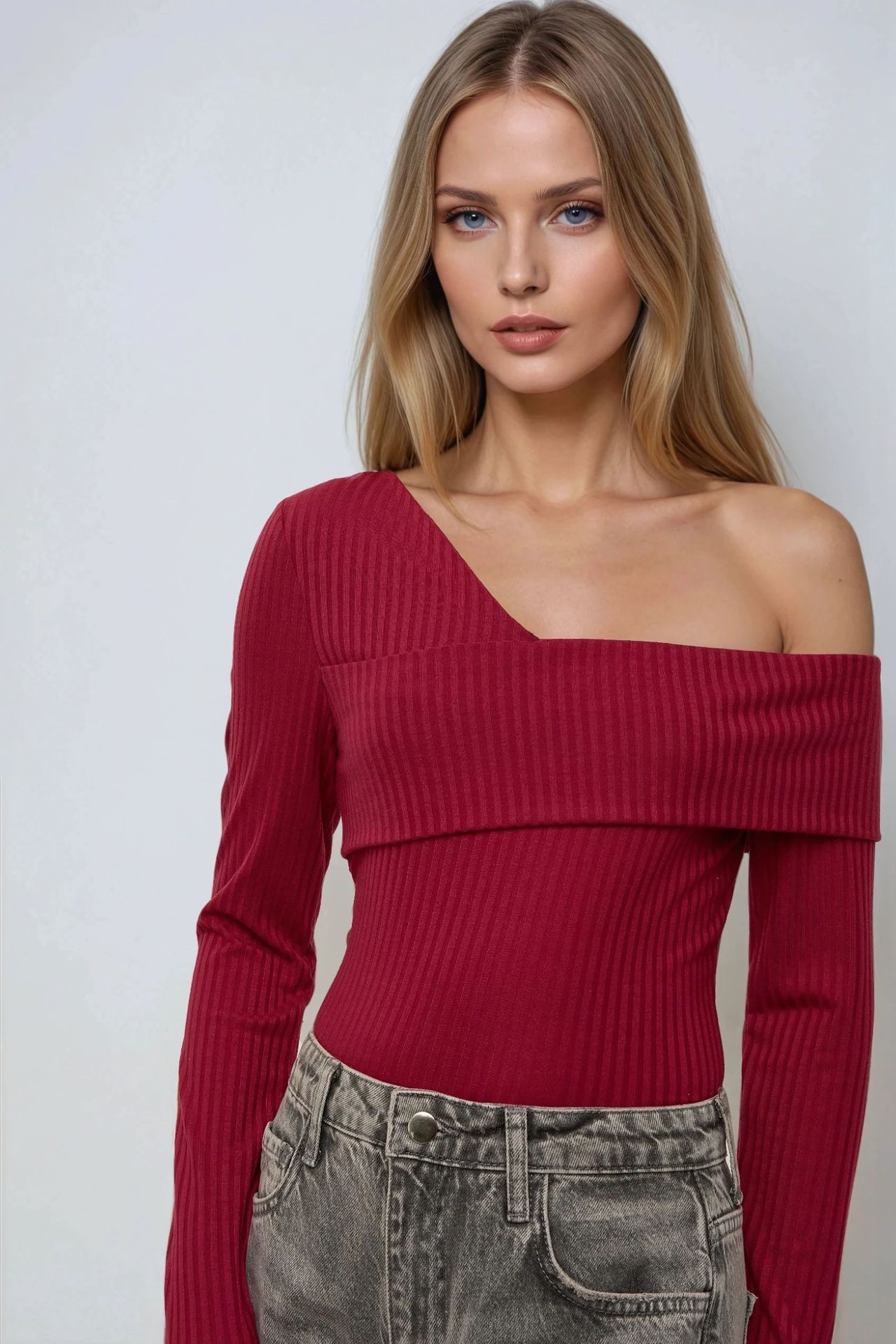 Asymmetrical Neck Textured Knit Top