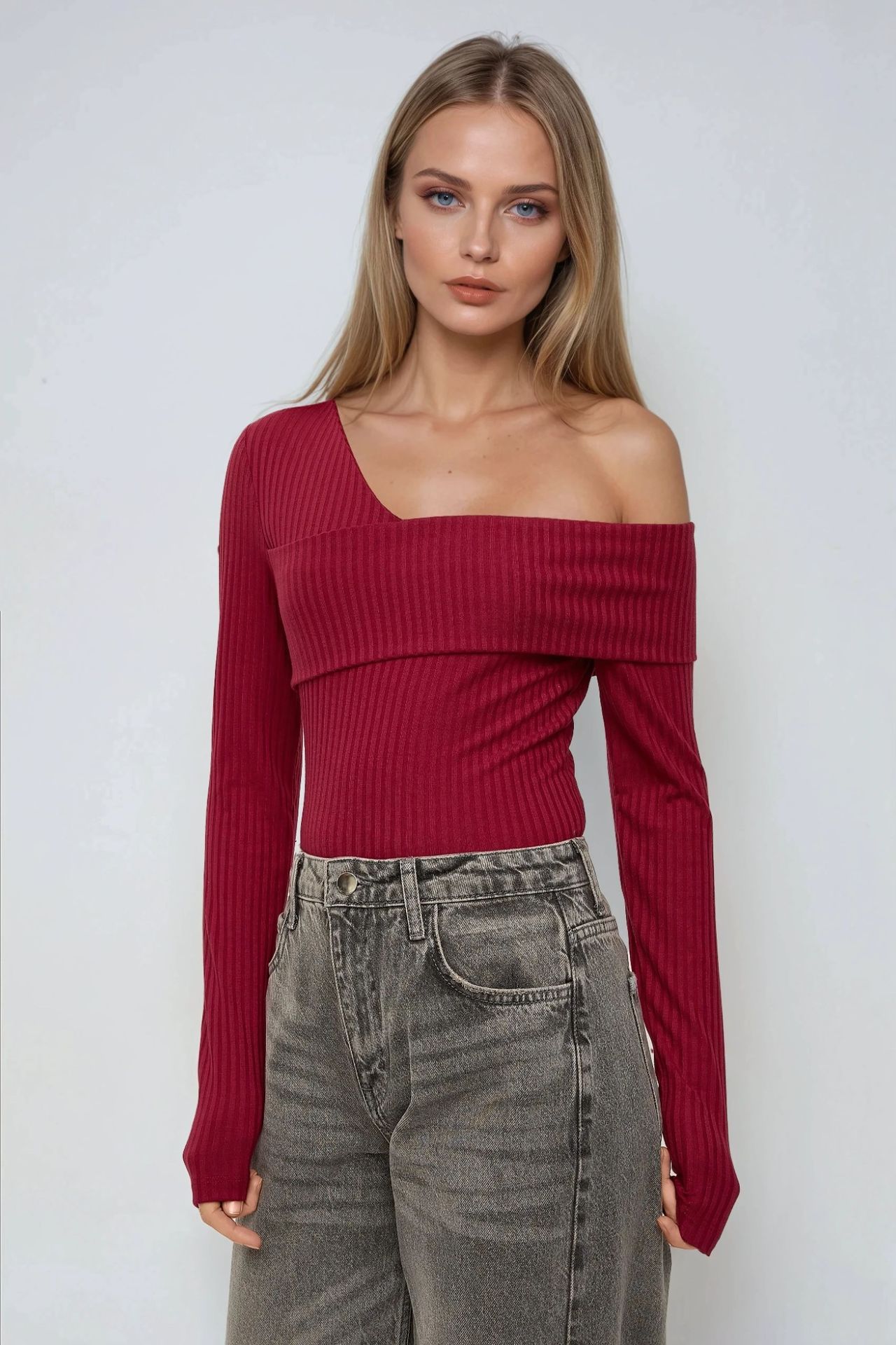 Asymmetrical Neck Textured Knit Top