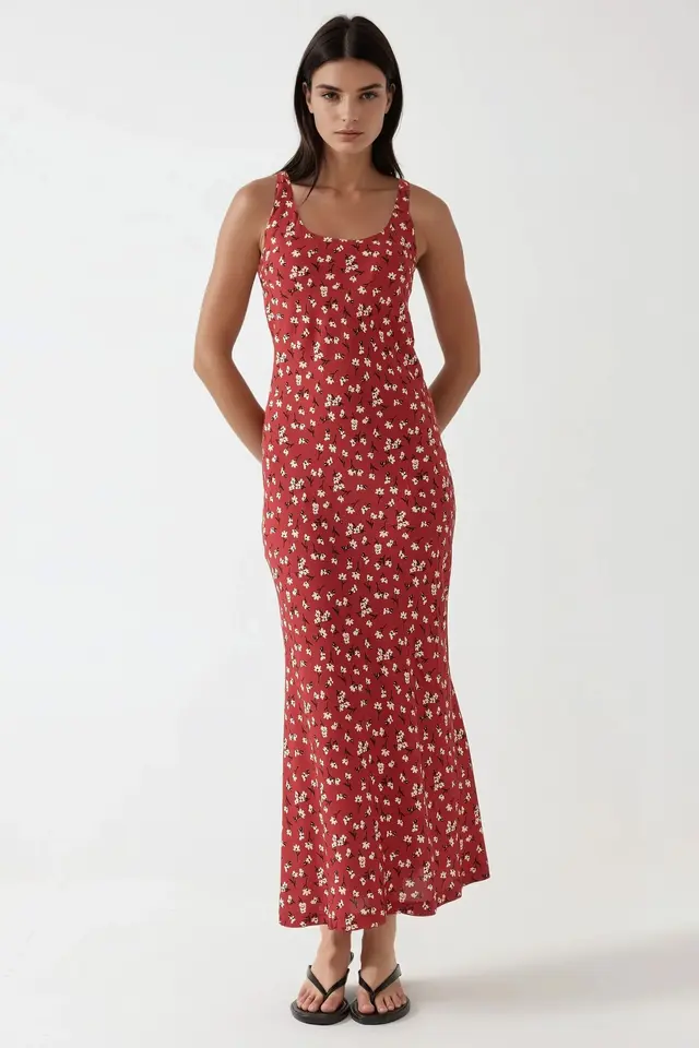 Allower Flower Pattern U Collar Maxi Dress