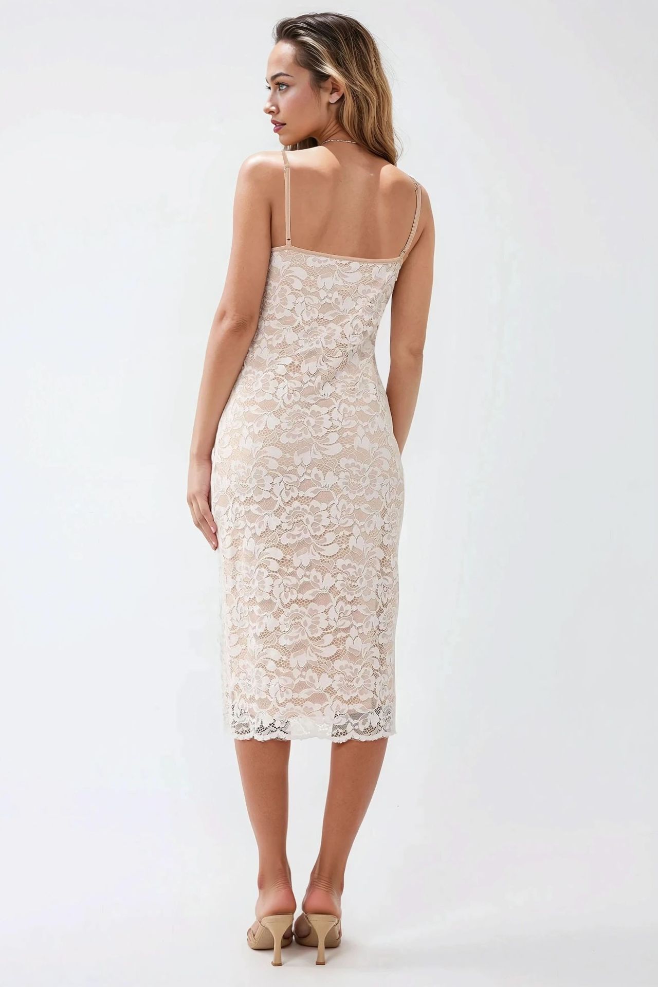 Square Collar Lace Midi Bodycon Dress