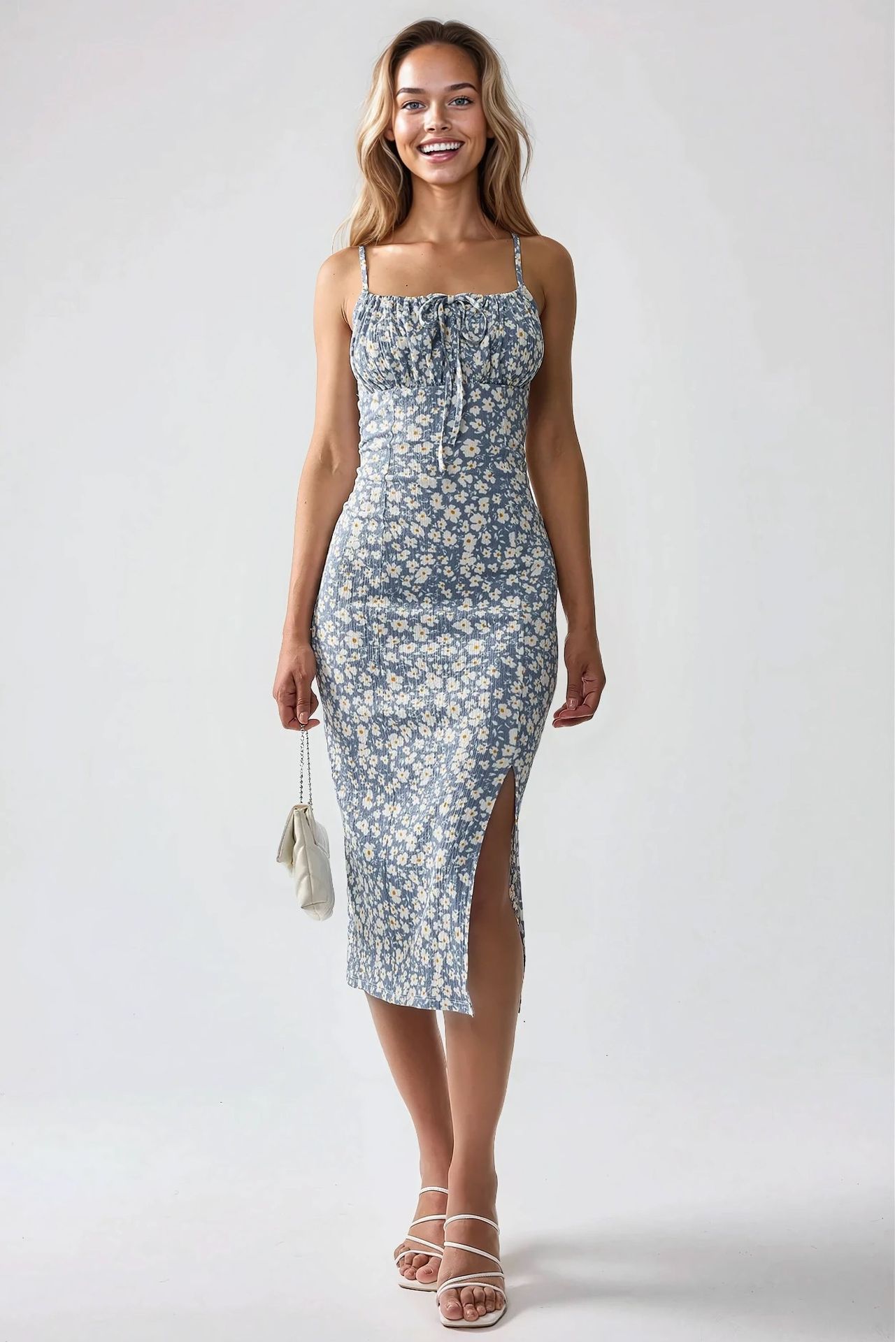 Allover Flower Print Bodycon Midi Dress with Slit