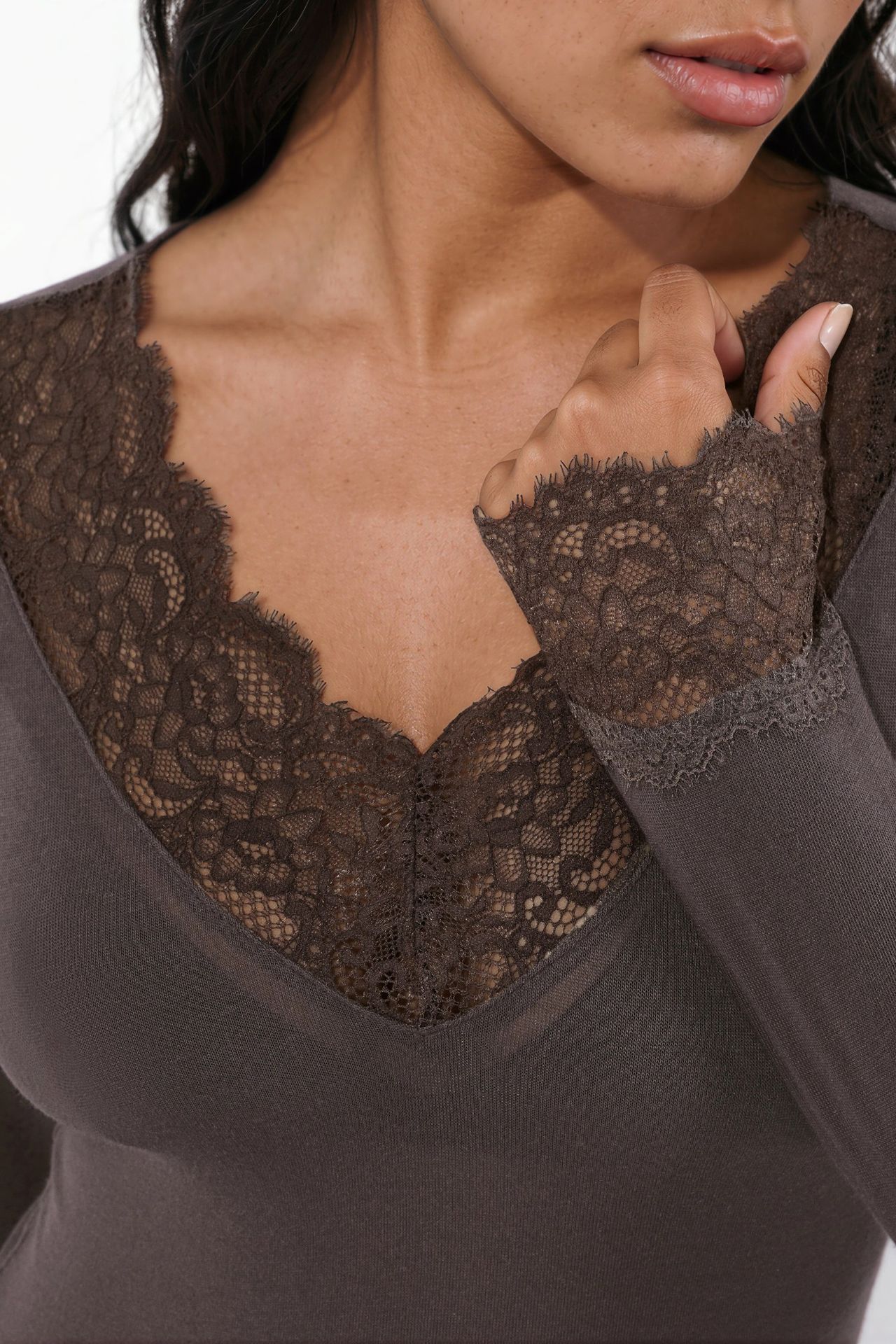 V-Neck Stretch Knit Top with Lace Detail 4
