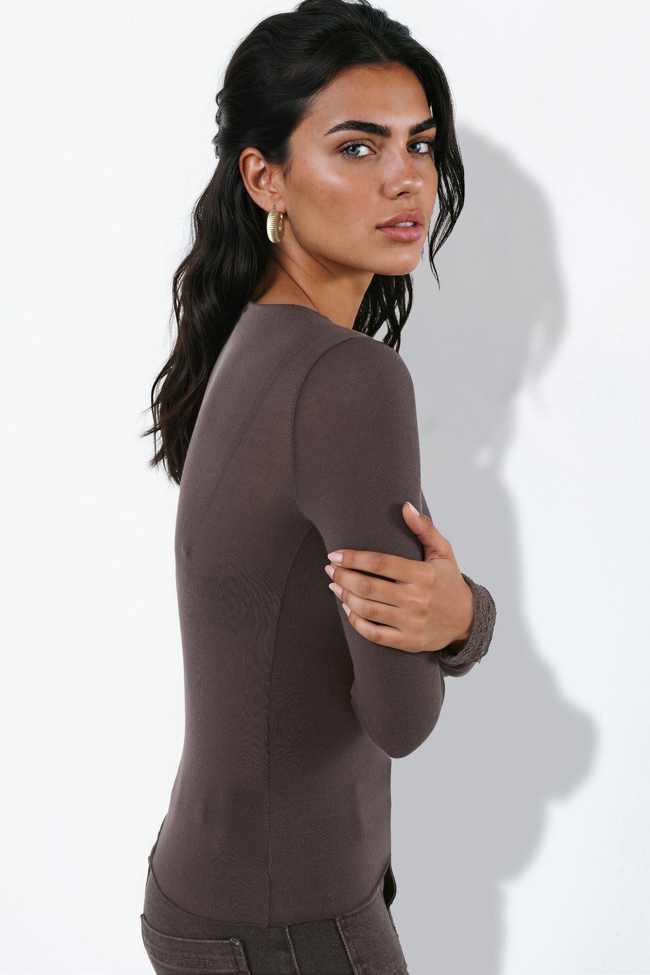V-Neck Stretch Knit Top with Lace Detail 3