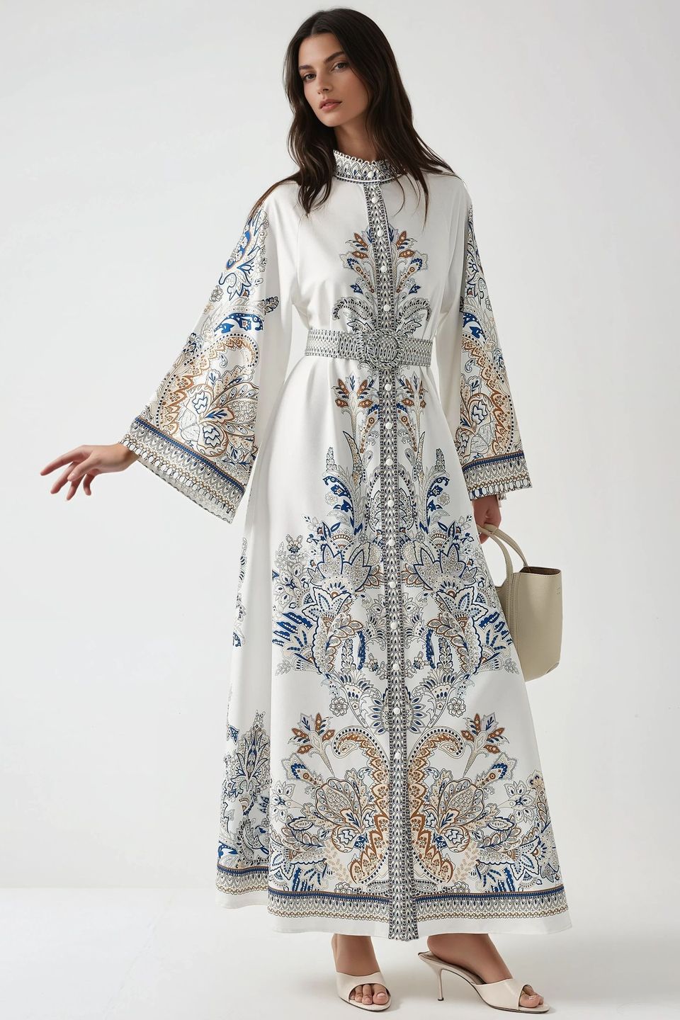 Printed Crew Neck Maxi Dress with Belt
