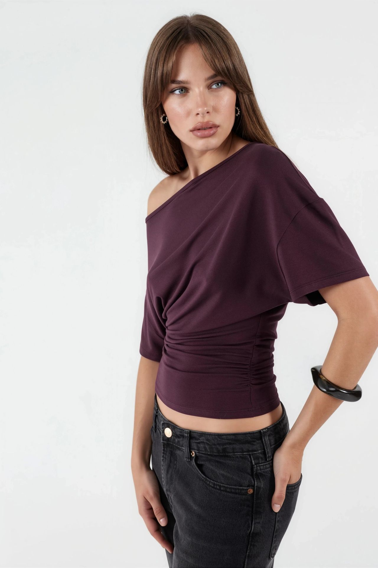 Asymmetrical Neck Soft Viscose Knit Top 2