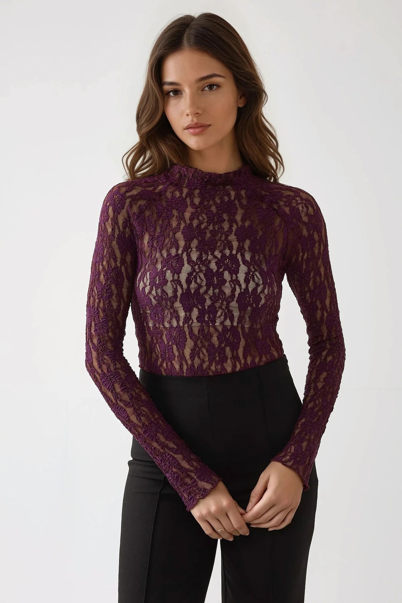 Lace Guipure Slim Fit Crew Neck Blouse
