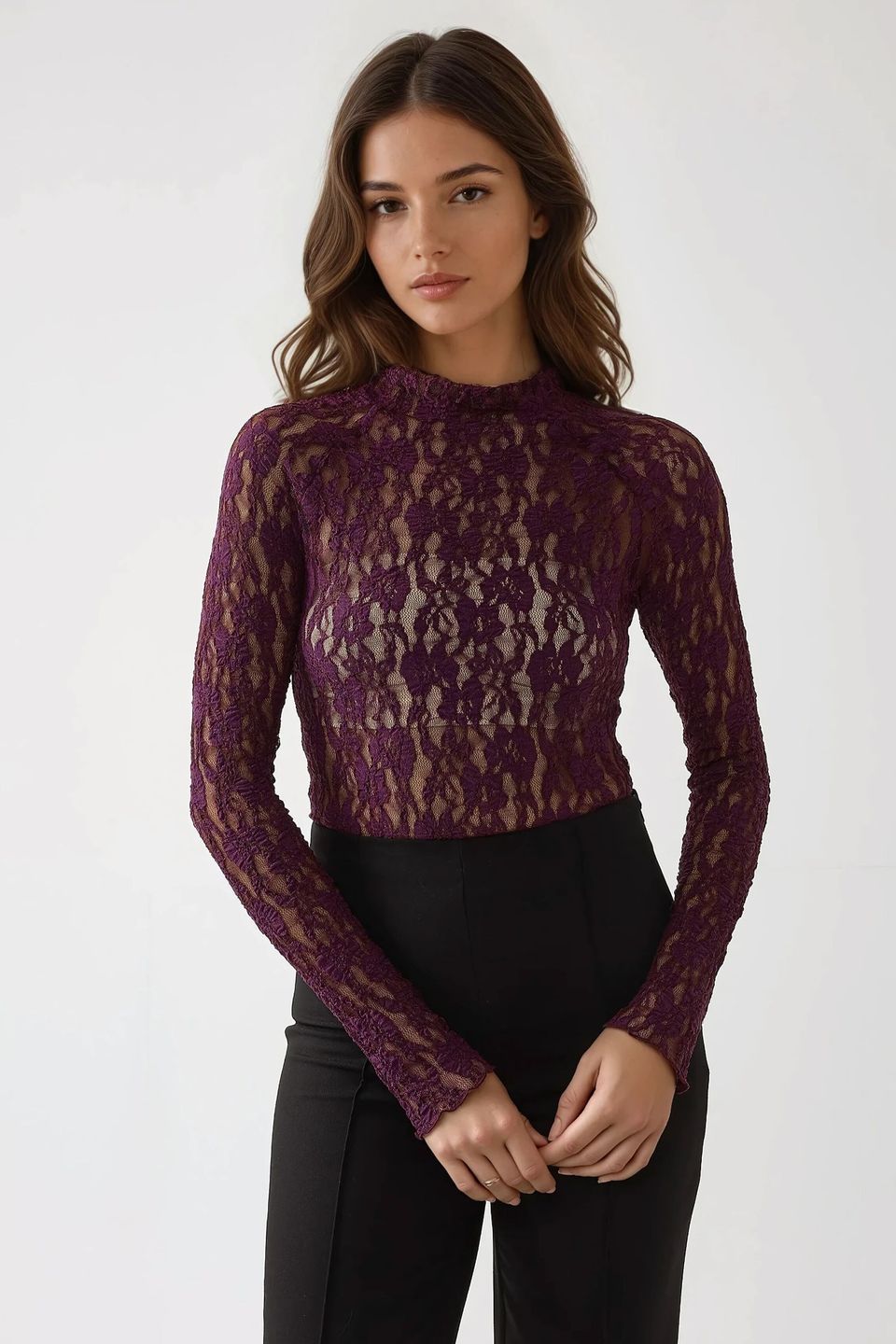 Lace Guipure Slim Fit Crew Neck Blouse