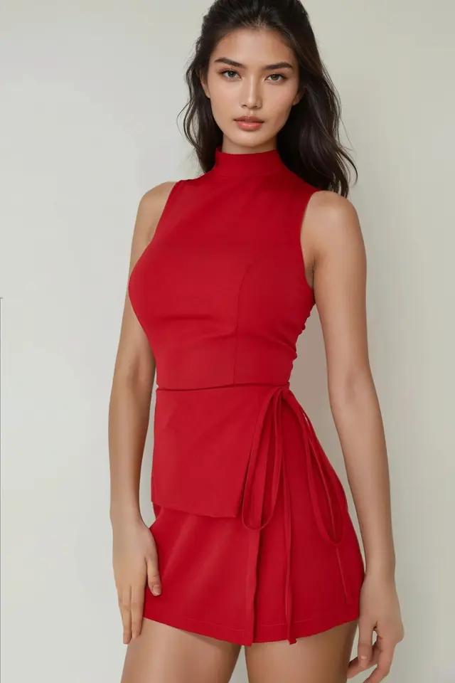 High Neck Sleeveless Fitted Playsuit with Tie-Waist Detail