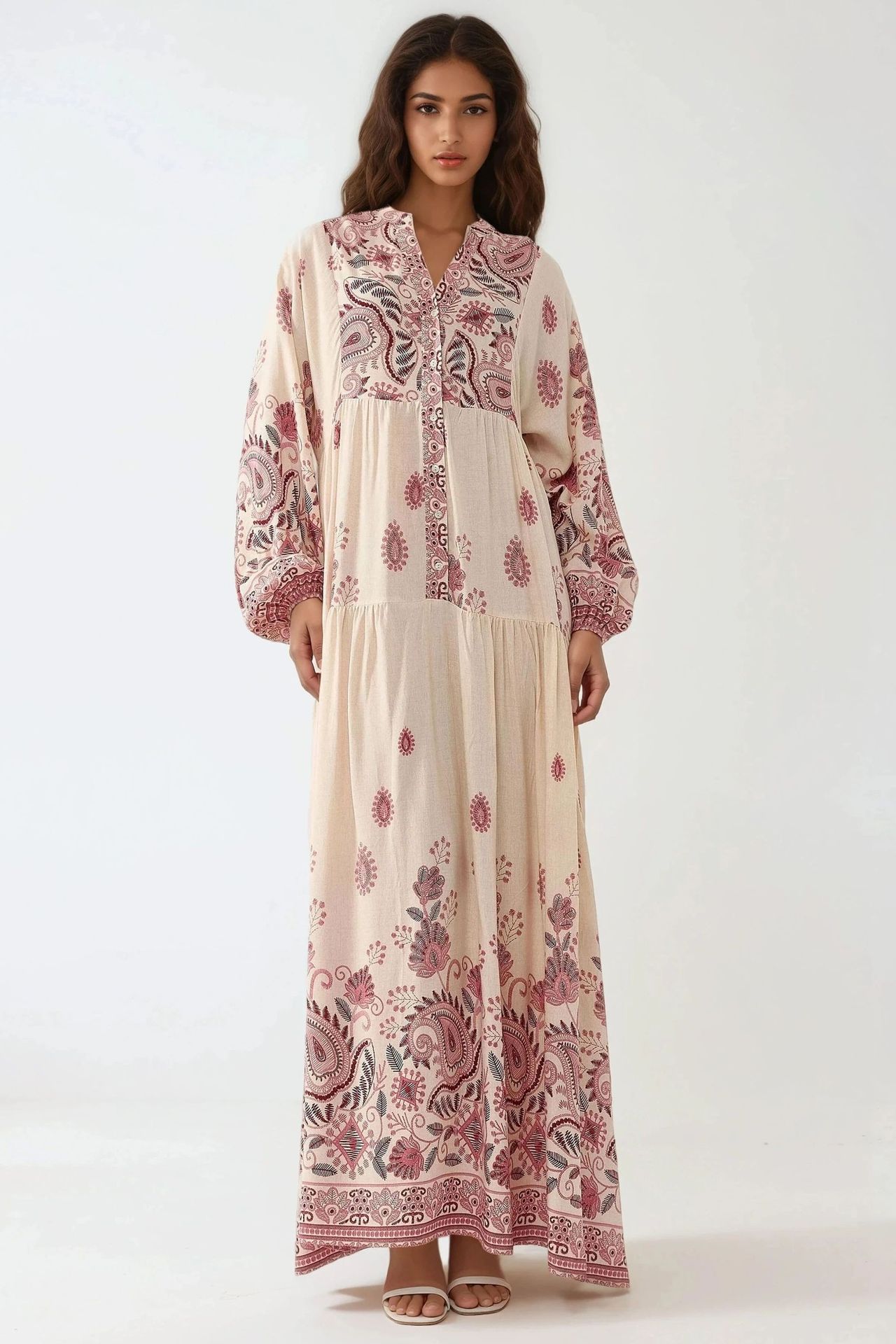 Printed V-neck Maxi Dress with Button Detail 5