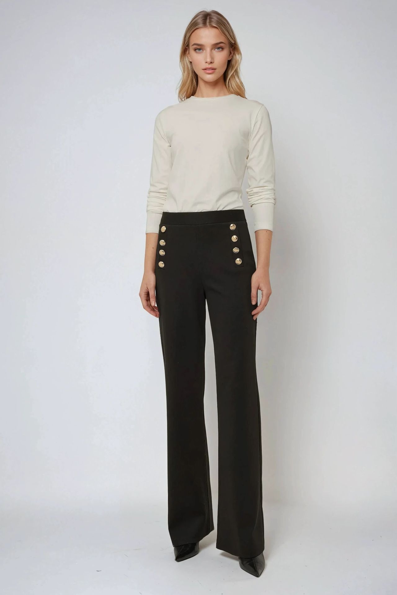 High Waist Wide Leg Pants with Button Detail