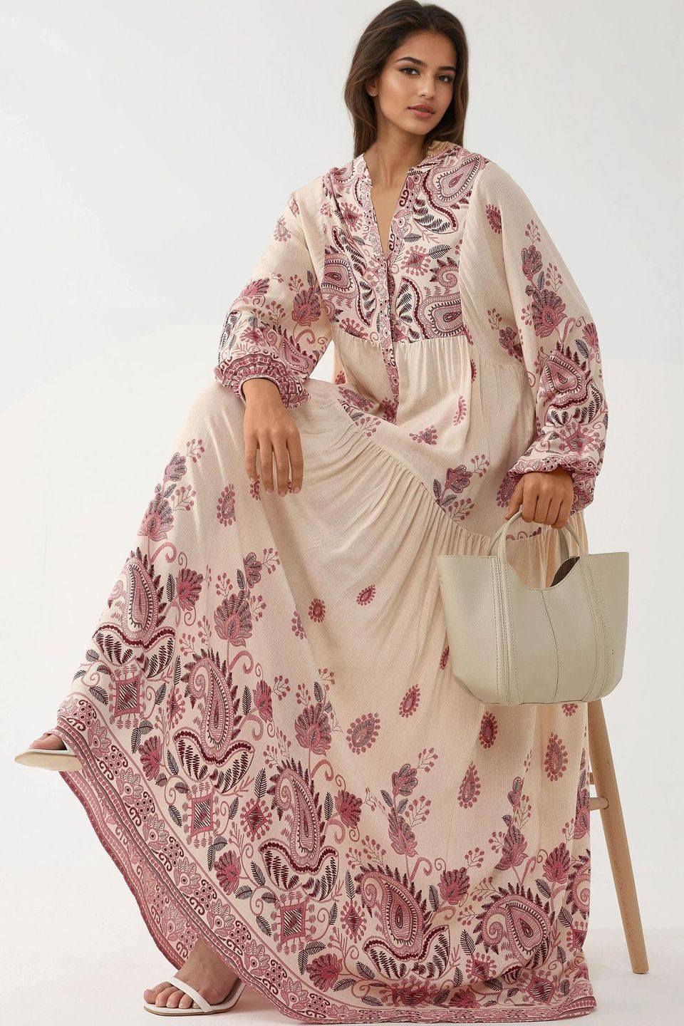 Printed V-neck Maxi Dress with Button Detail