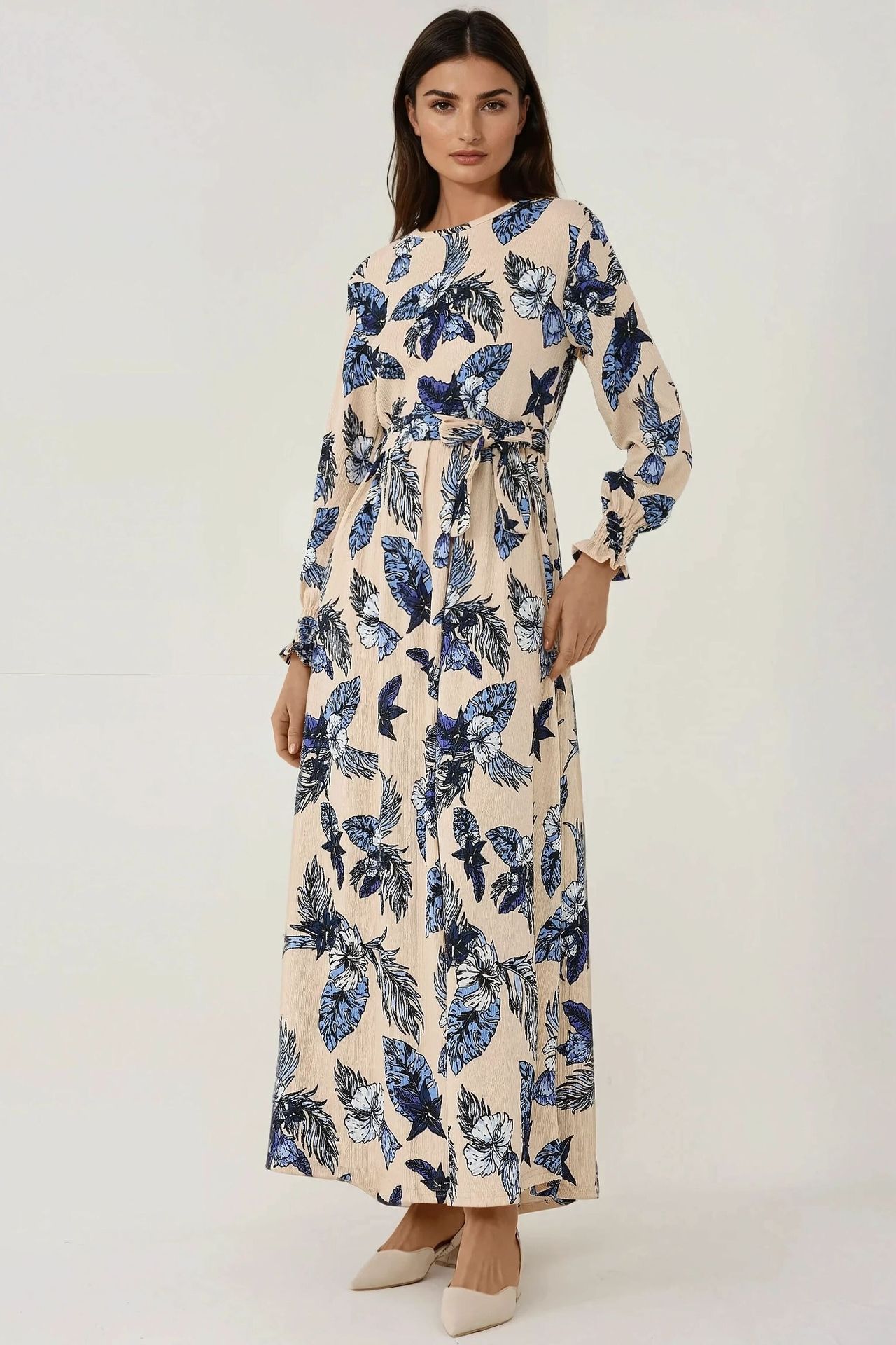 Floral Print Crew Neck Long Sleeve Maxi Dress