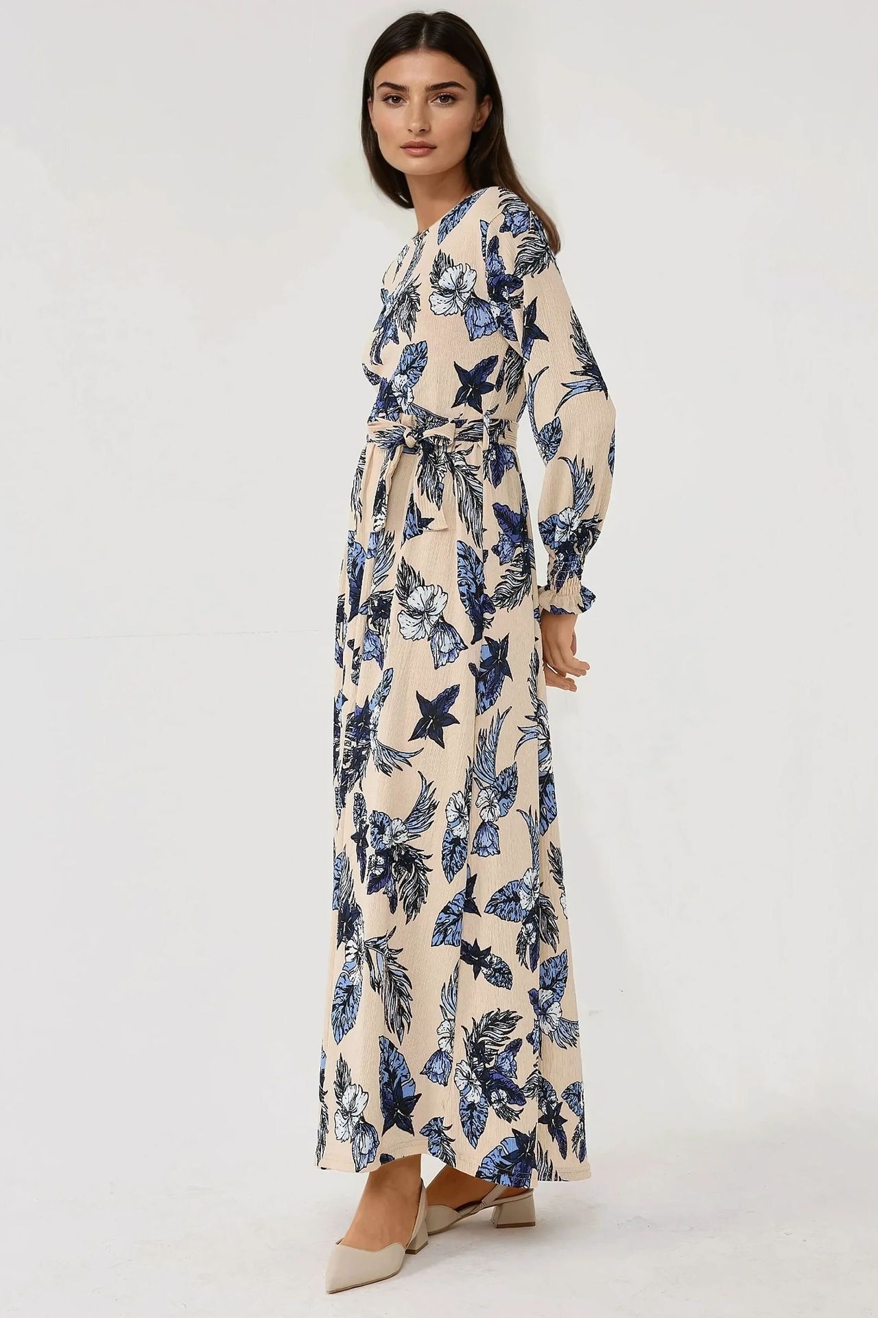 Floral Print Crew Neck Long Sleeve Maxi Dress