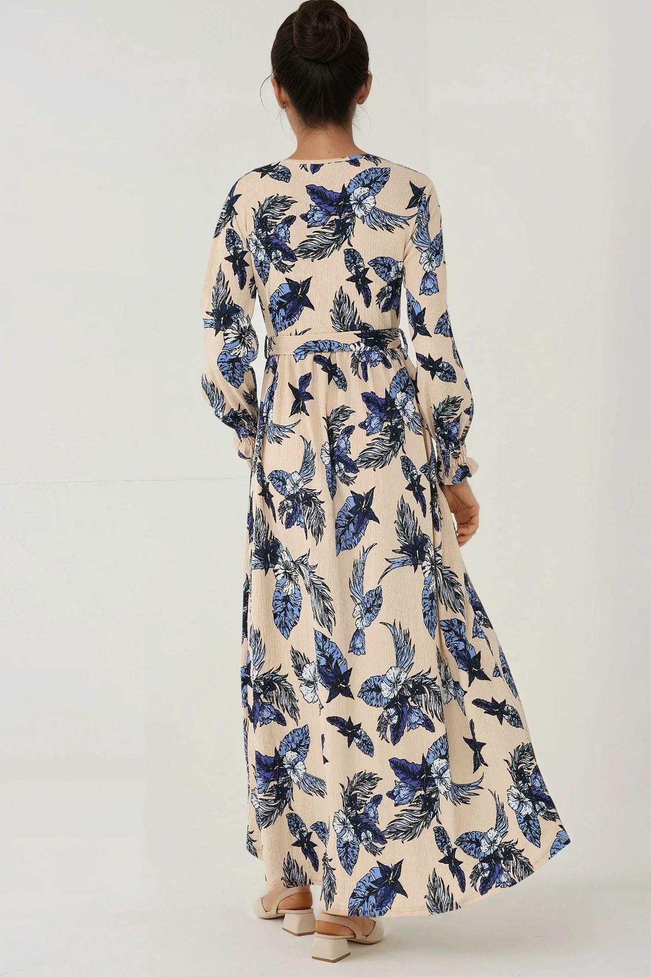 Floral Print Crew Neck Long Sleeve Maxi Dress