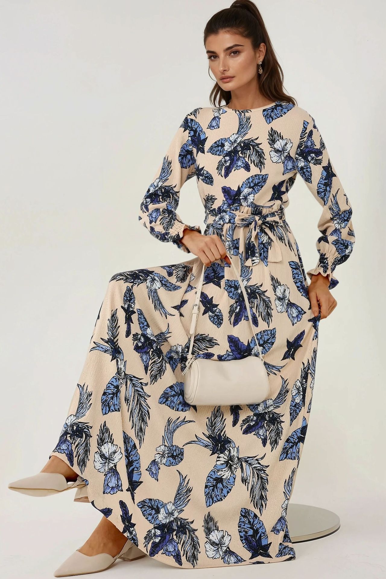 Floral Print Crew Neck Long Sleeve Maxi Dress