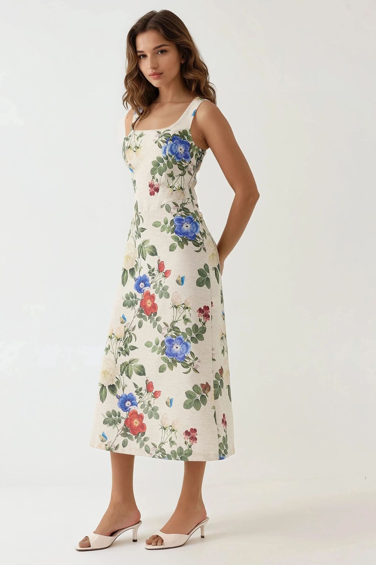 Linen Feel Allower Floral Print Maxi Dress with Back Elastic Detail