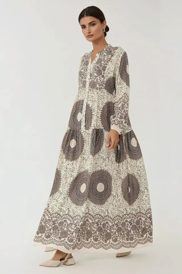 Printed Long Sleeve Viscose Maxi Dress 