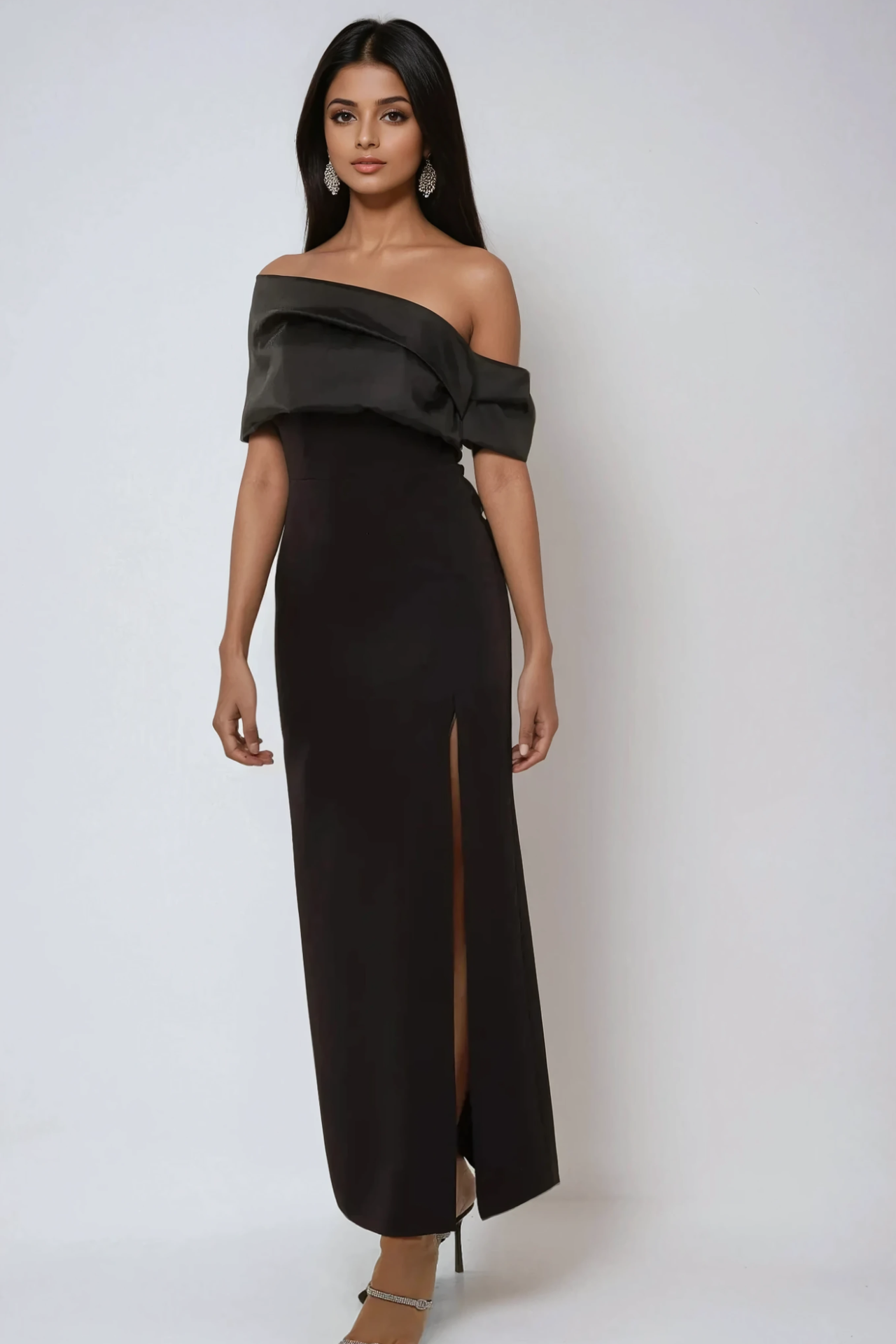 Draped Off Shoulder Maxi Dress with Slit