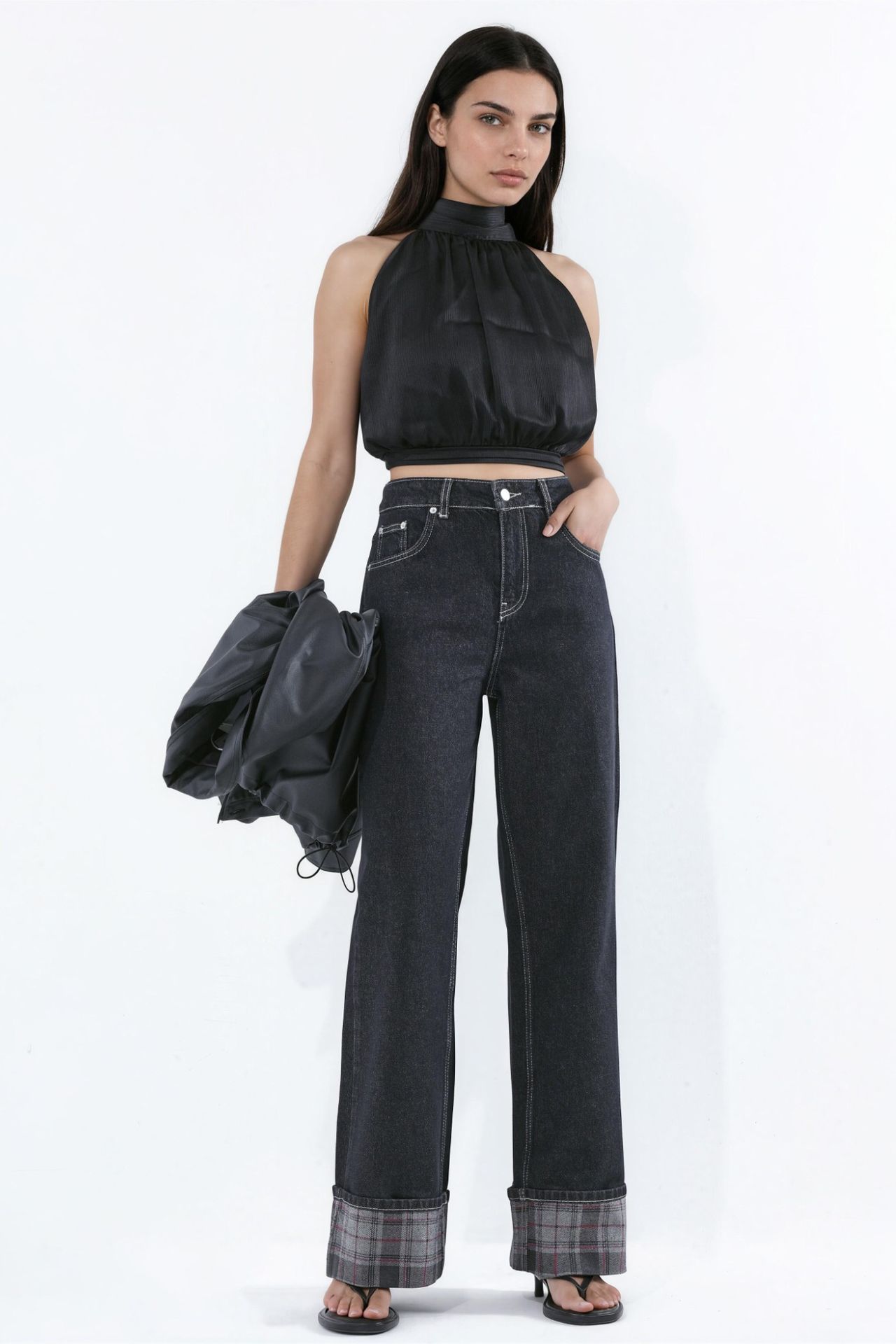 High Waist Wide Leg Jeans with Plaid Hem Detail