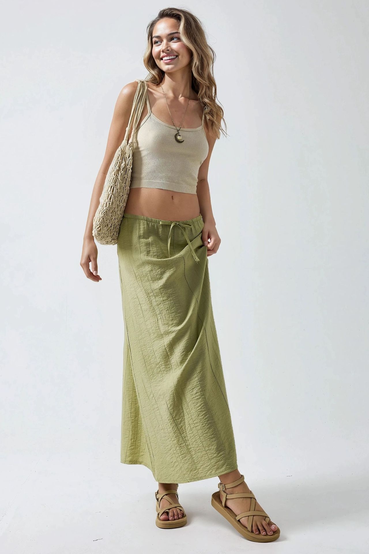 Drawstring Waist A-Line Maxi Skirt 4