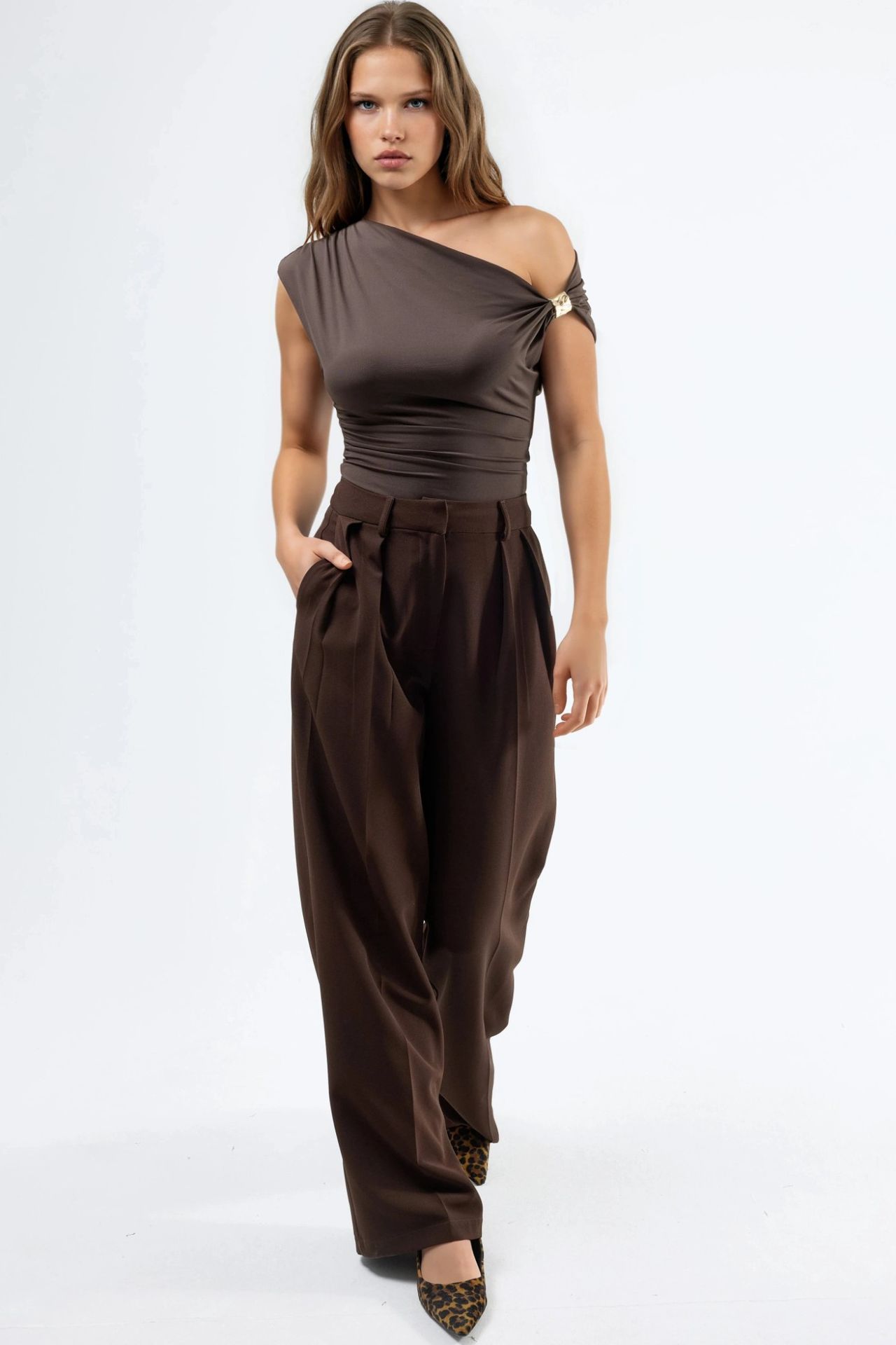 Asymmetrical Collar Top with Accessory Detail 5