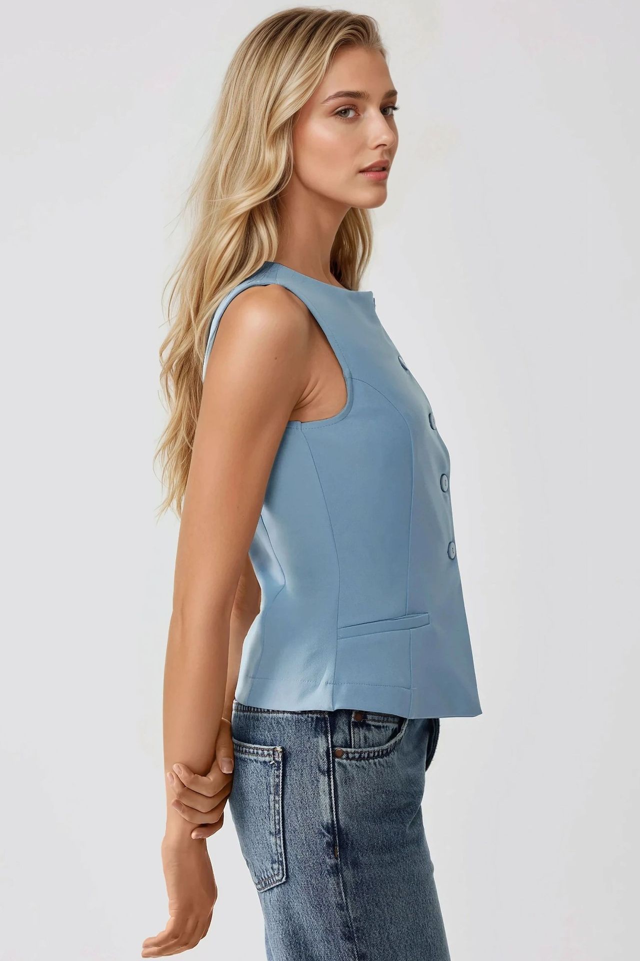 Fitted Crew Neck Sleeveless Waistcoat with Button Detail