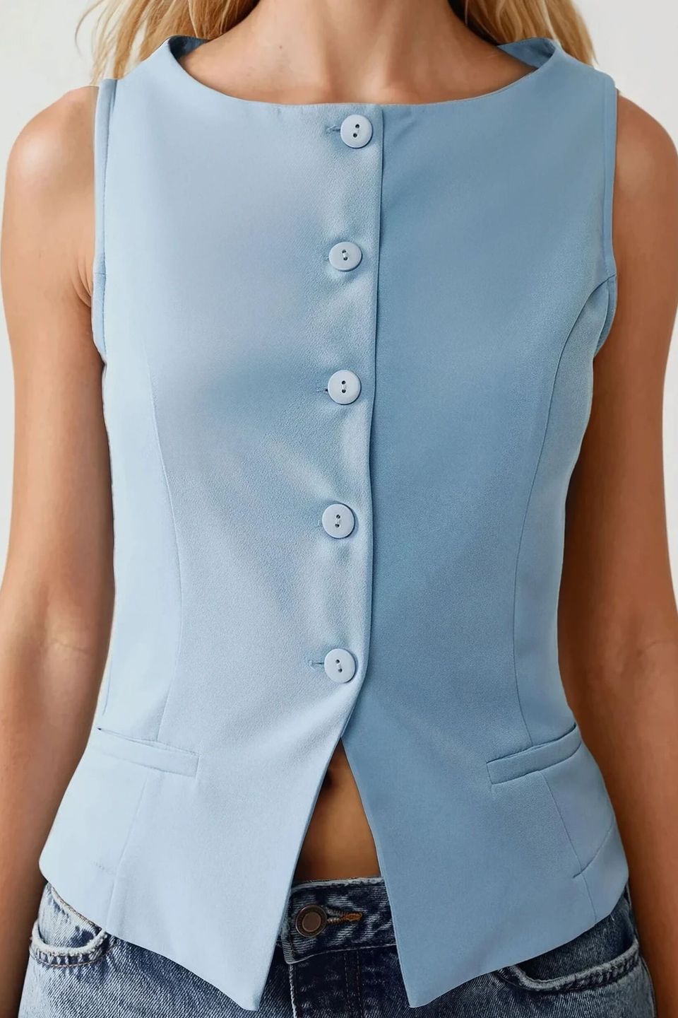 Fitted Crew Neck Sleeveless Waistcoat with Button Detail