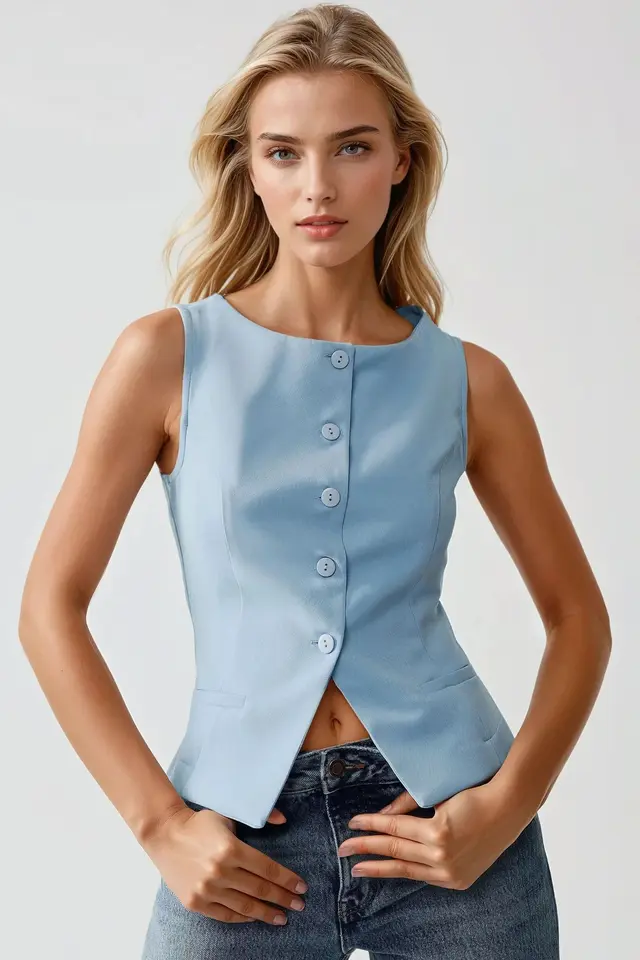 Fitted Crew Neck Sleeveless Waistcoat with Button Detail