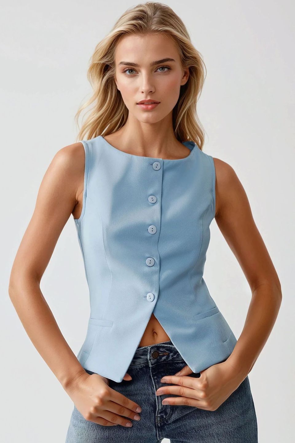 Fitted Crew Neck Sleeveless Waistcoat with Button Detail