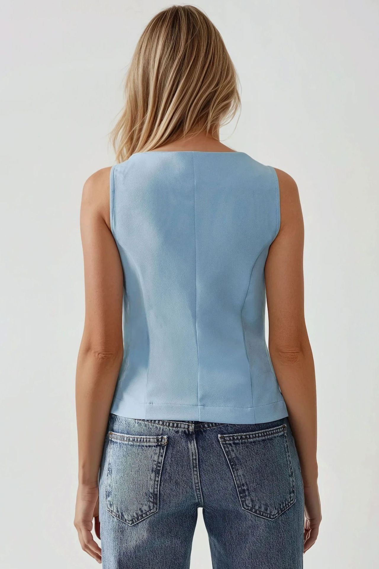 Fitted Crew Neck Sleeveless Waistcoat with Button Detail