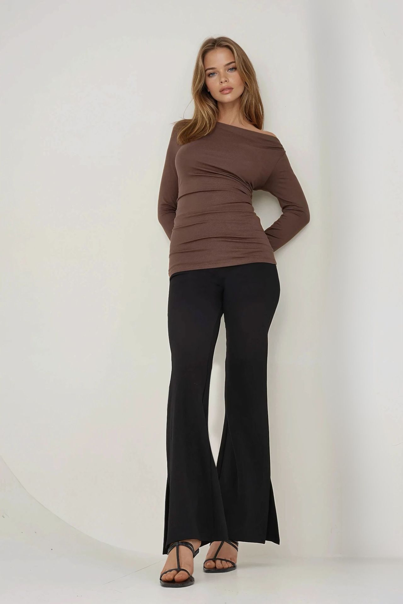 Asymmetrical Collar Long Sleeve Slim Fit Top