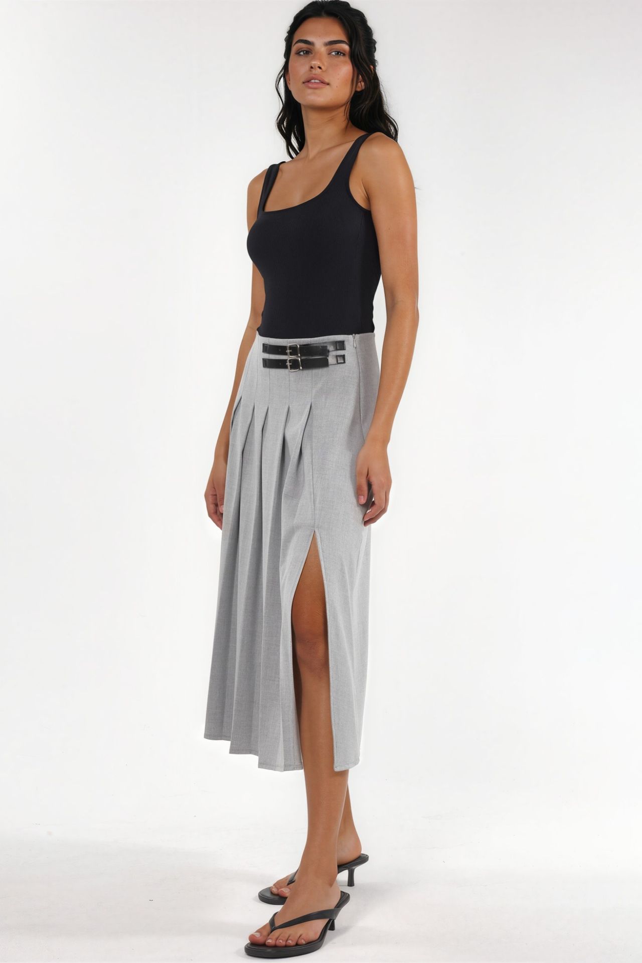  High Waist A-Line Midi Skirt with Belt Detail 2