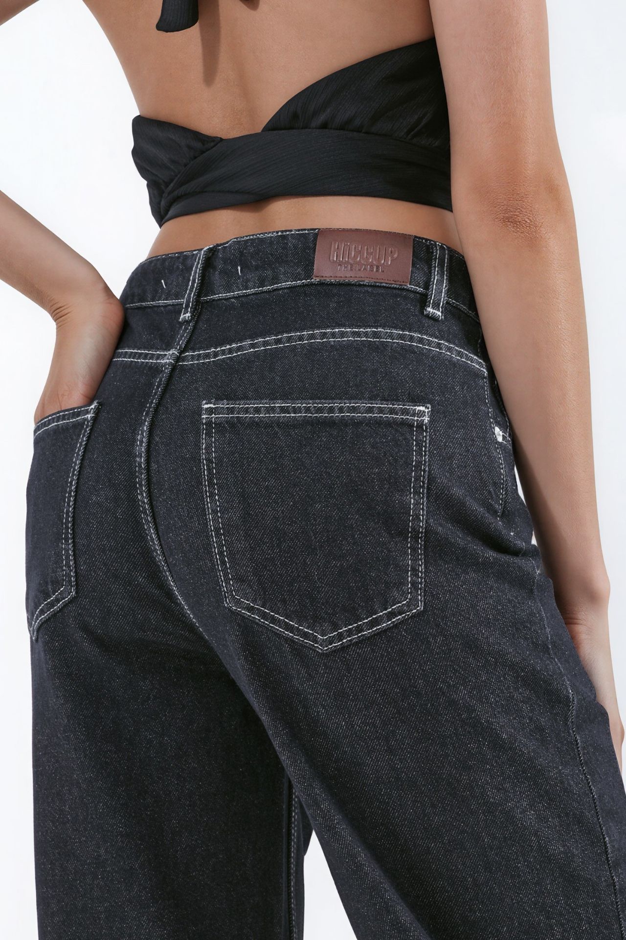 High Waist Wide Leg Jeans with Plaid Hem Detail