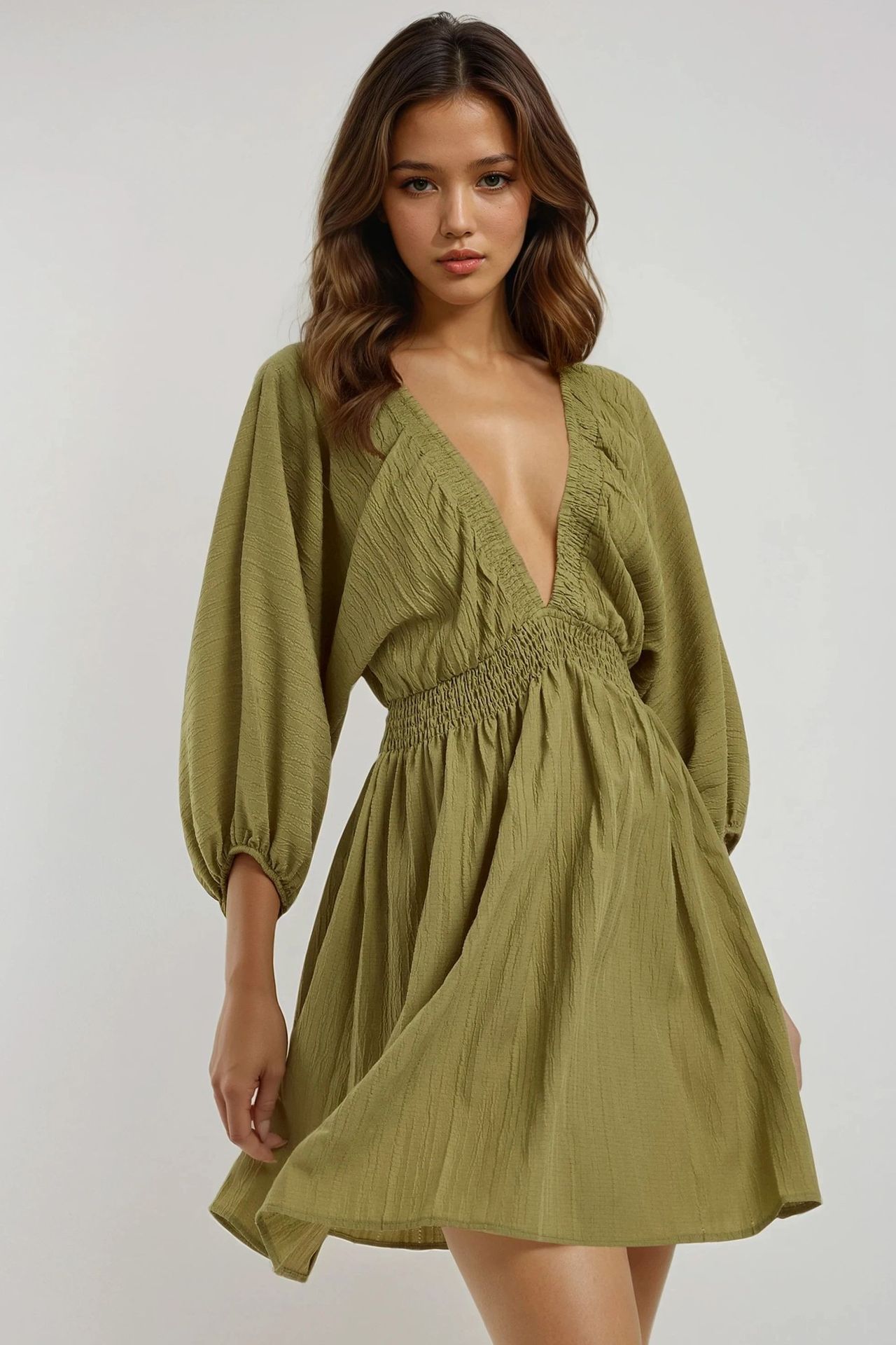 Textured V-Neck Long Sleeve Mini Dress 1