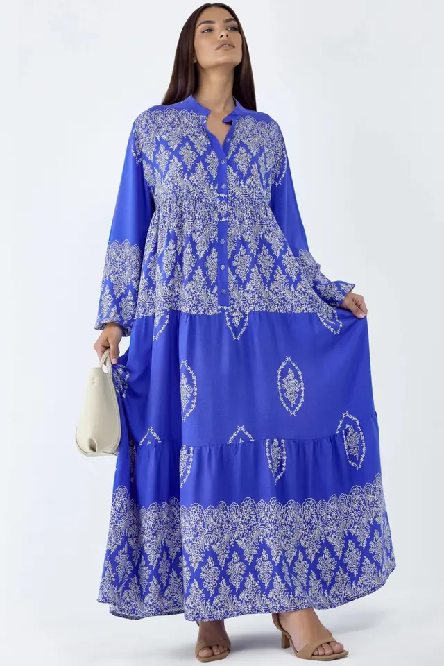 V-Neck Patterned Maxi Dress with Button Closure