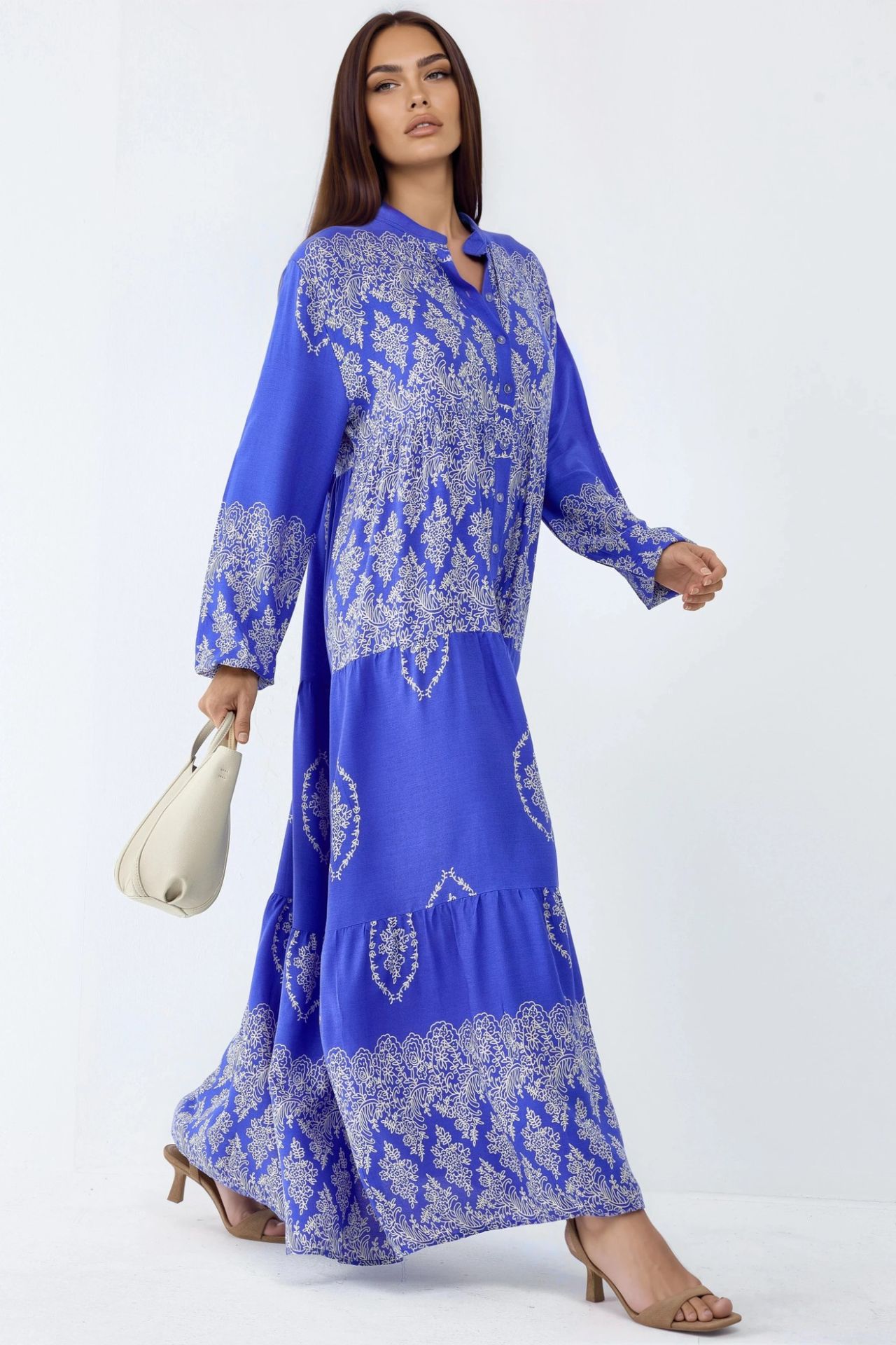 V-Neck Patterned Maxi Dress with Button Closure 2