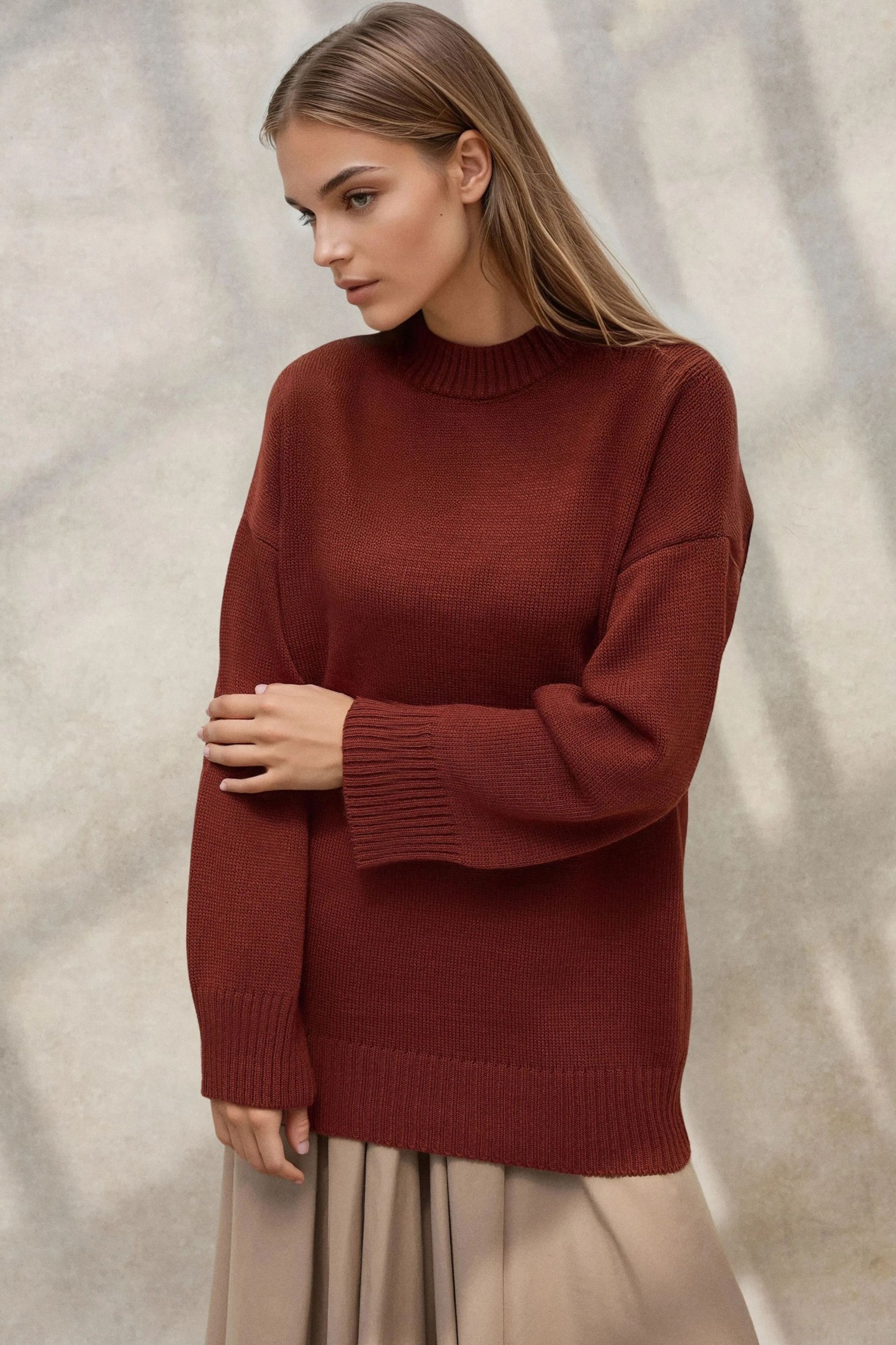 HiCCUP Chestnut Brown Thick Knit Crew Neck Long Sweater Women
